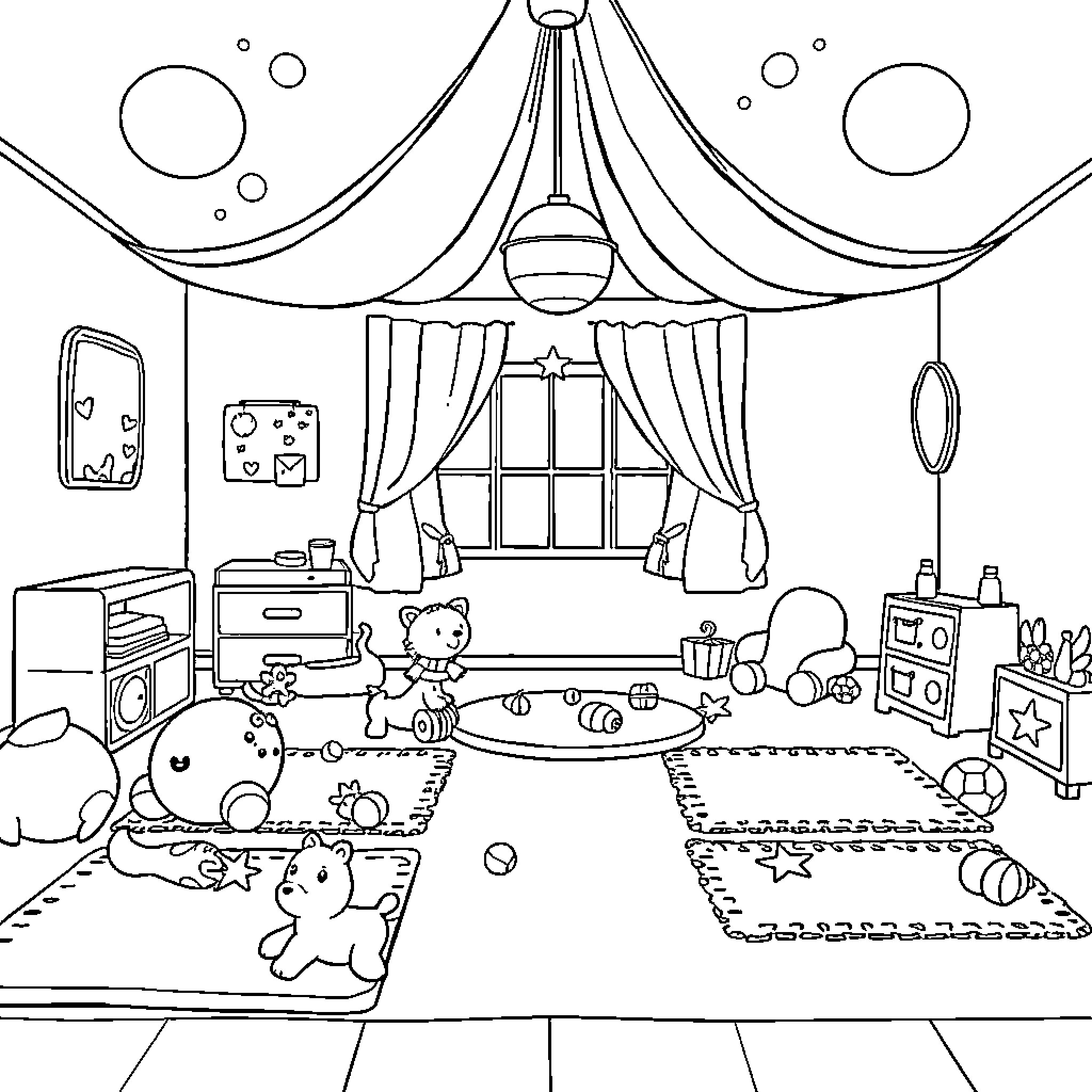 Baby playing with toys in bedroom Coloring Page (free black-and-white line drawing printable PDF for all, from beginners to advanced learners, including children, teens, adults, and seniors)