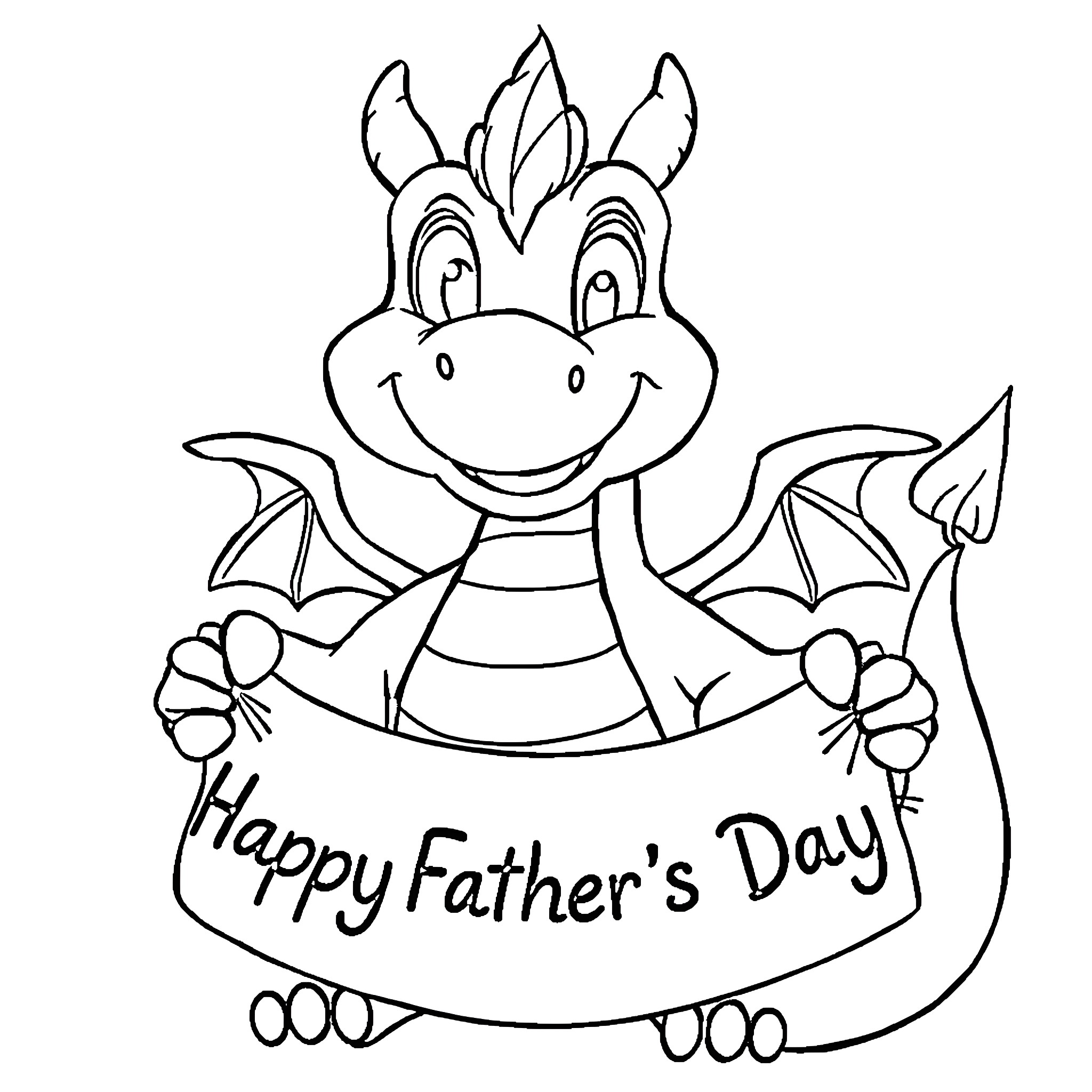 Dragon celebrating Happy Father's Day Coloring Page (free black-and-white line drawing printable PDF for all, from beginners to advanced learners, including children, teens, adults, and seniors)