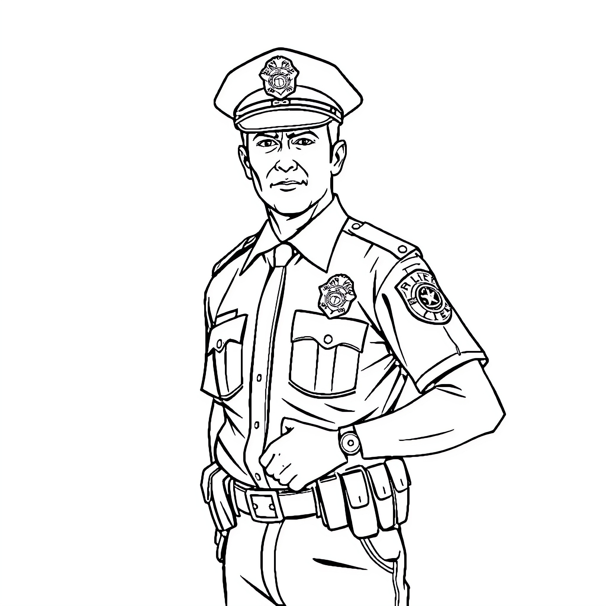 Policier officer in uniform with serious expression Coloring Page (free black-and-white line drawing printable PDF for all, from beginners to advanced learners, including children, teens, adults, and seniors)