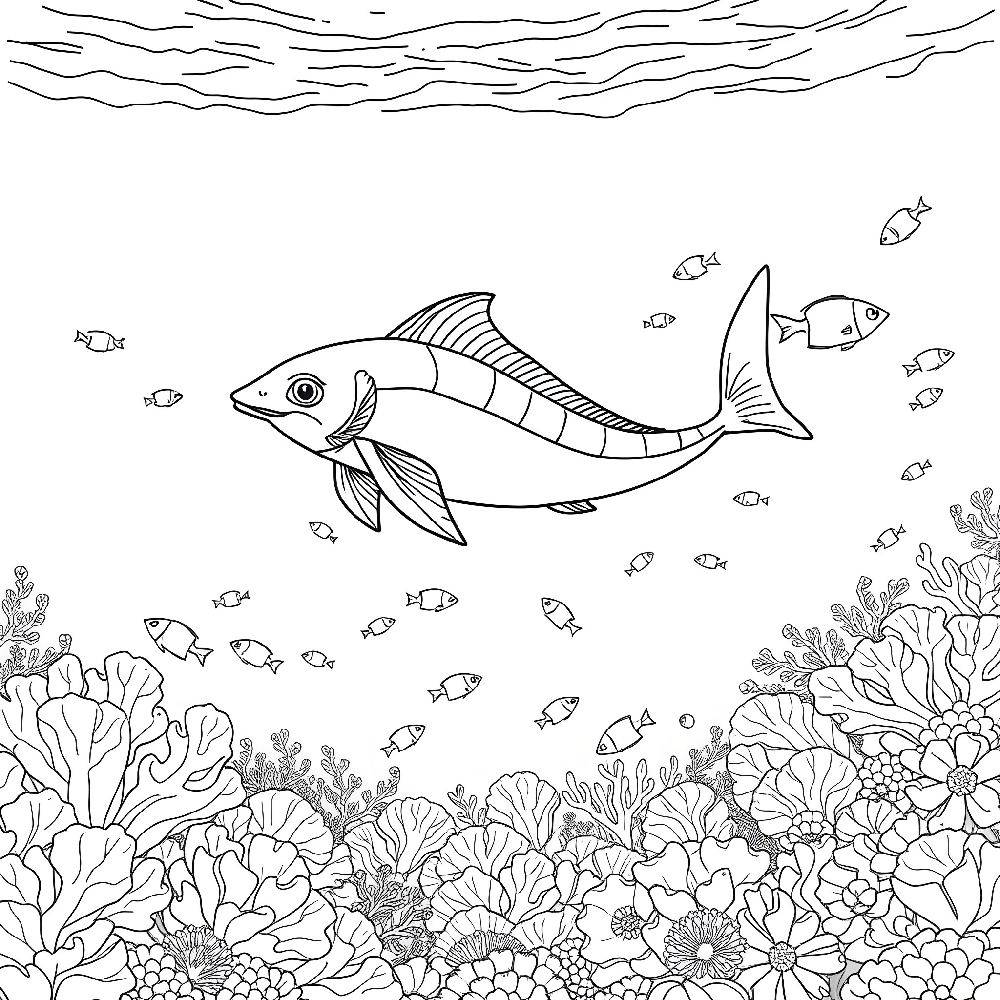 Adorabilis sea creatures in an underwater garden Coloring Page (free black-and-white line drawing printable PDF for all, from beginners to advanced learners, including children, teens, adults, and seniors)