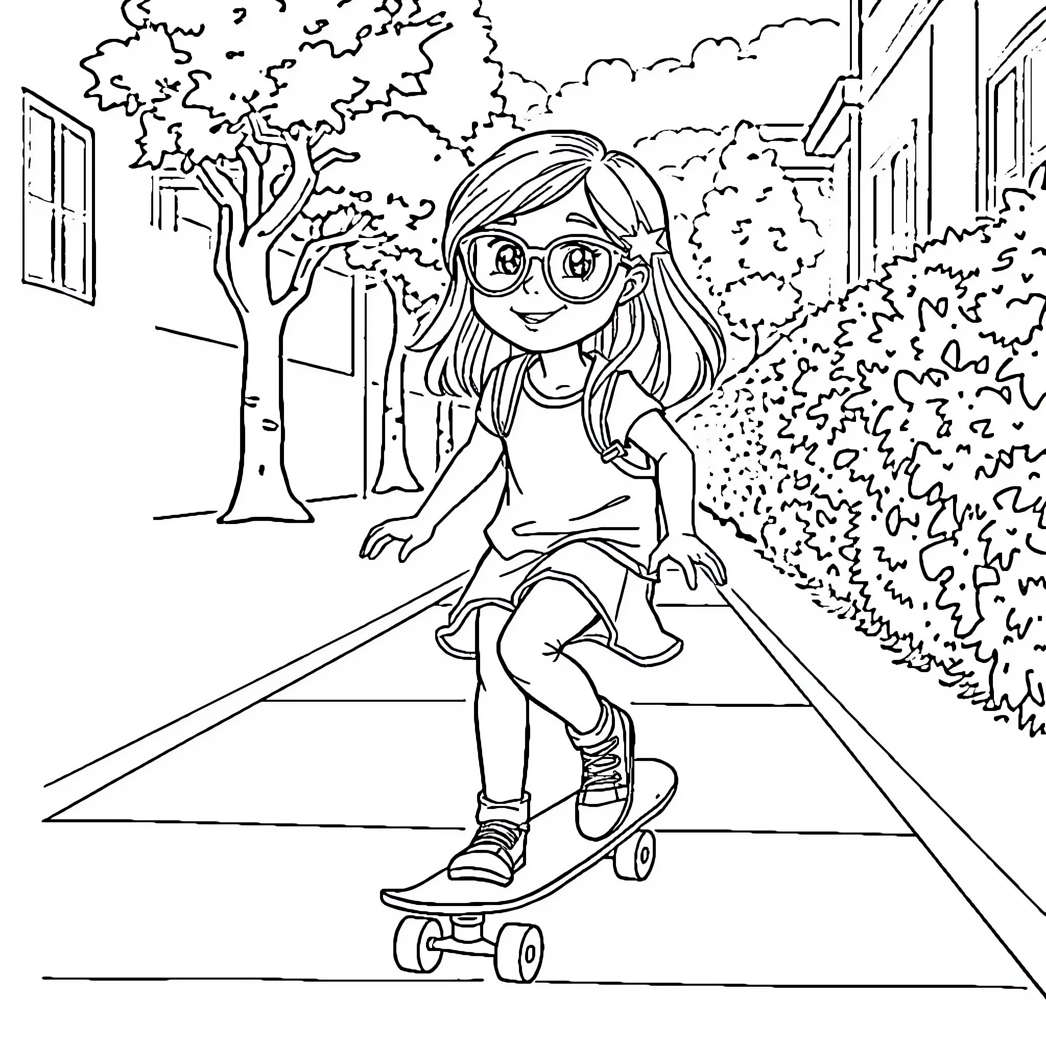 Girl skating joyfully in the park Coloring Page (free black-and-white line drawing printable PDF for all, from beginners to advanced learners, including children, teens, adults, and seniors)