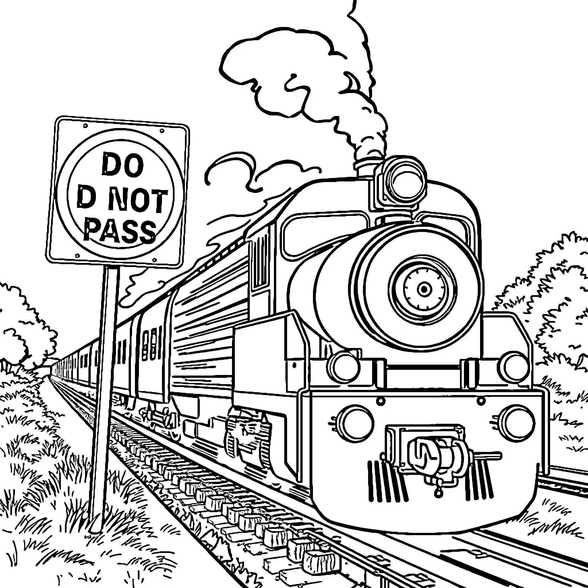 Train Passing a Do Not Pass Sign in the Countryside Coloring Page (free black-and-white line drawing printable PDF for all, from beginners to advanced learners, including children, teens, adults, and seniors)