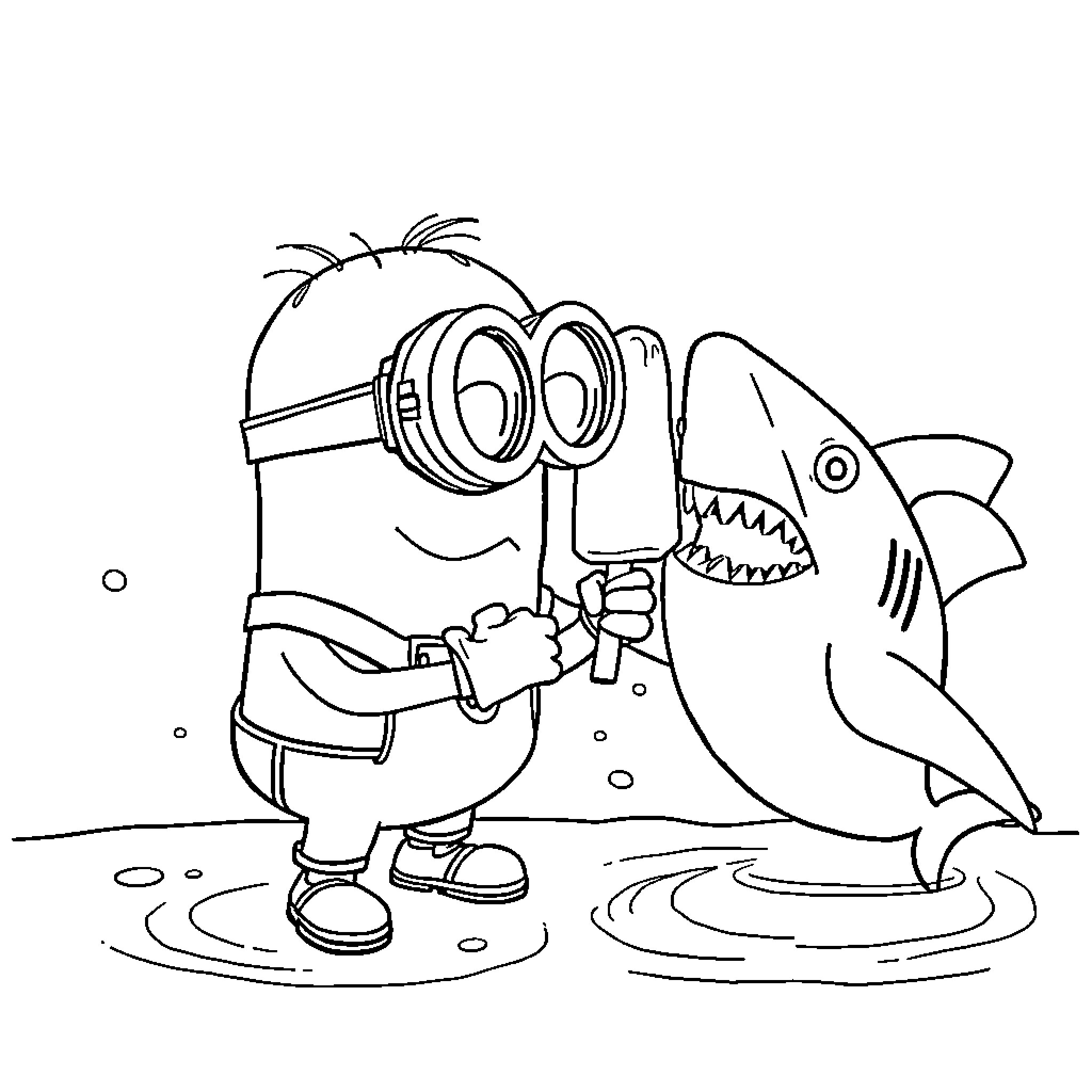 Minion befriends playful shark in the ocean Coloring Page (free black-and-white line drawing printable PDF for all, from beginners to advanced learners, including children, teens, adults, and seniors)