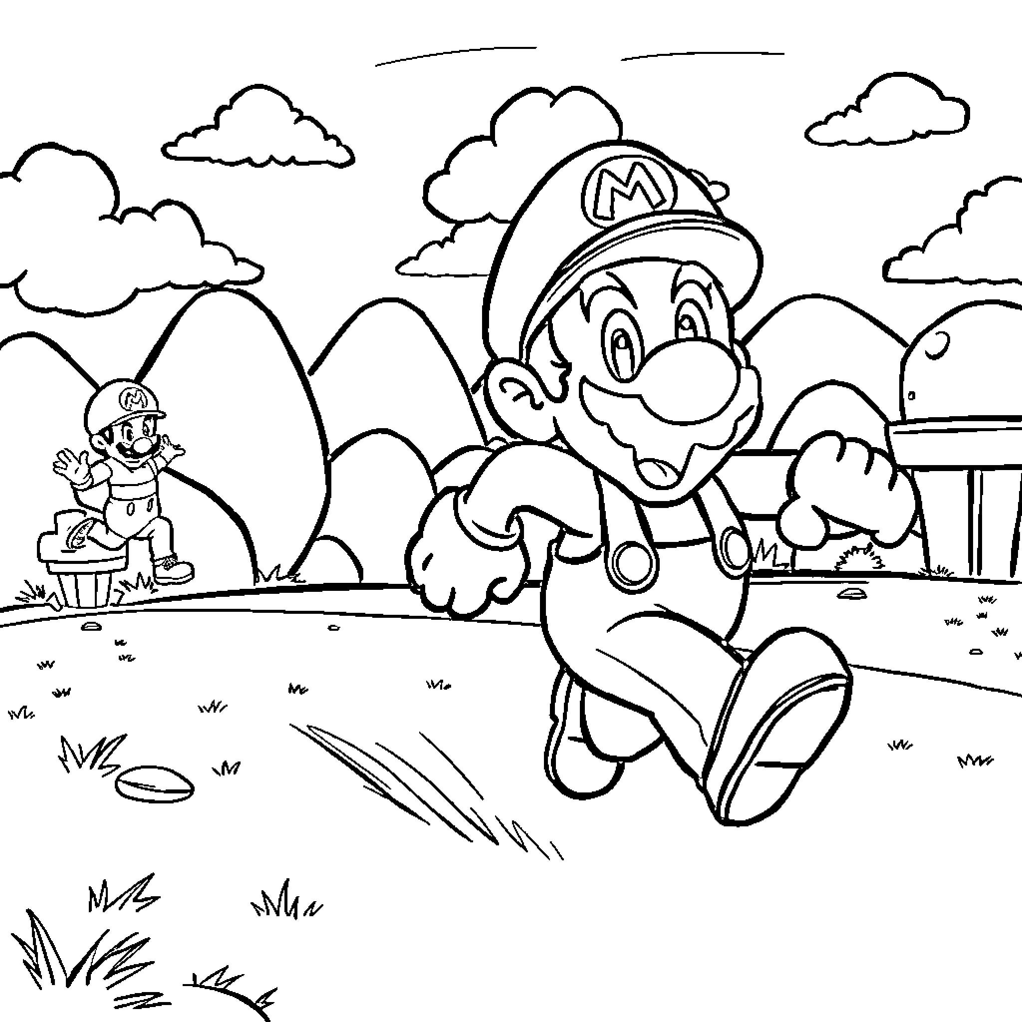 Mario exploring the outdoors with excitement Coloring Page (free black-and-white line drawing printable PDF for all, from beginners to advanced learners, including children, teens, adults, and seniors)