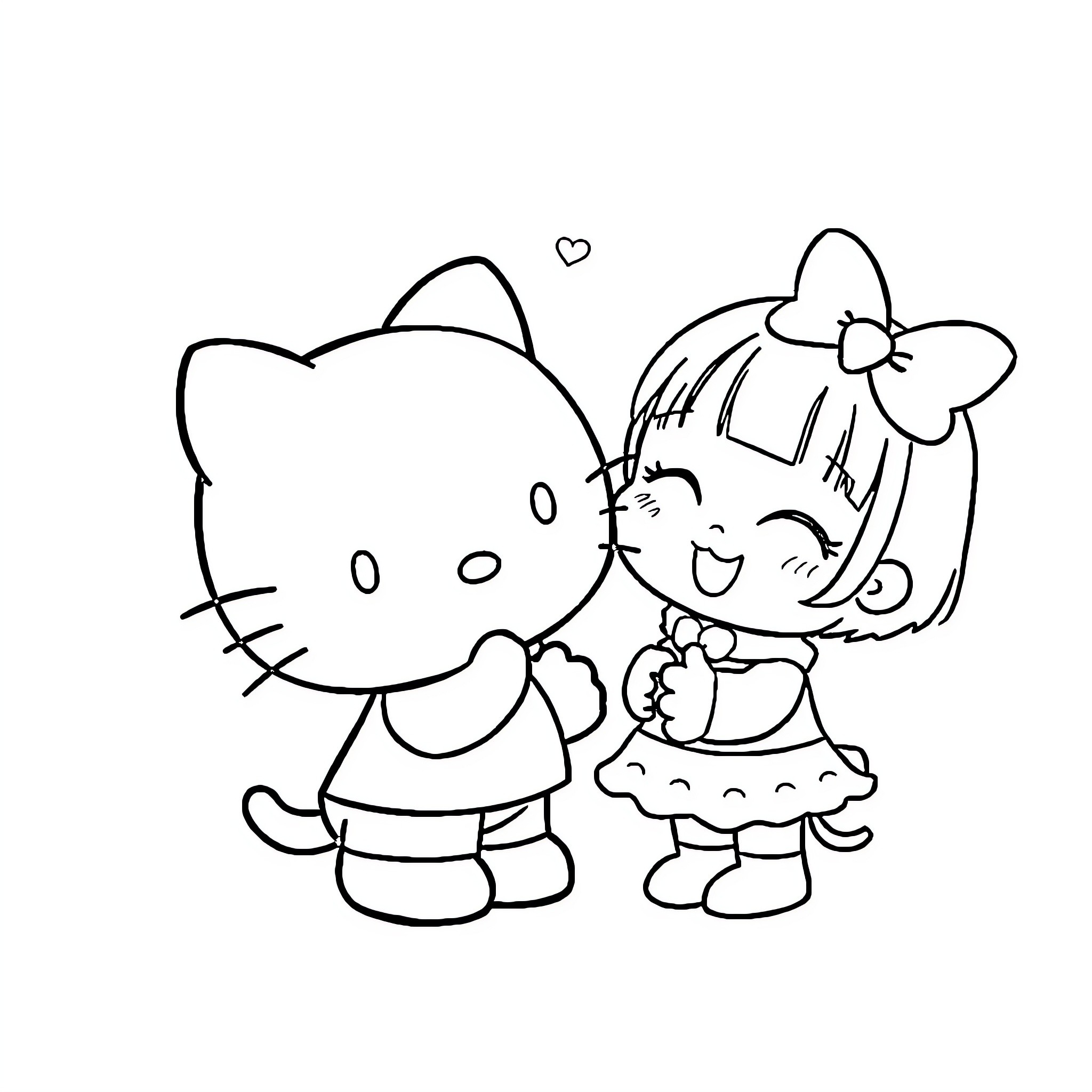 Hello Kitty's heartwarming friendship Coloring Page (free black-and-white line drawing printable PDF for all, from beginners to advanced learners, including children, teens, adults, and seniors)