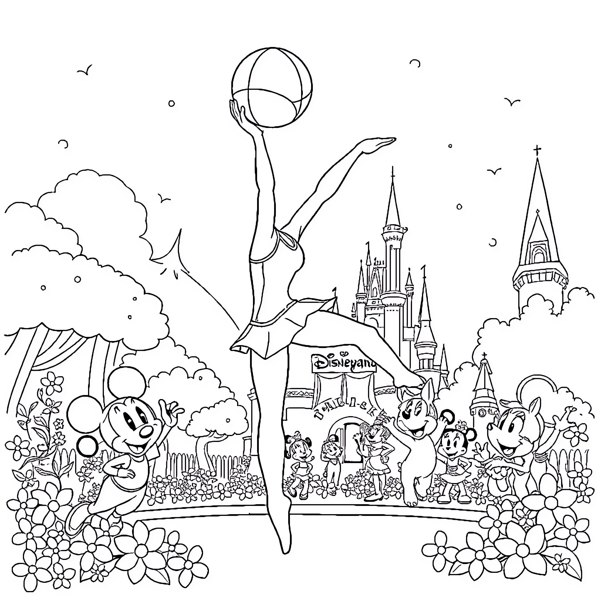 Gymnast performing at Disney theme park Coloring Page (free black-and-white line drawing printable PDF for all, from beginners to advanced learners, including children, teens, adults, and seniors)
