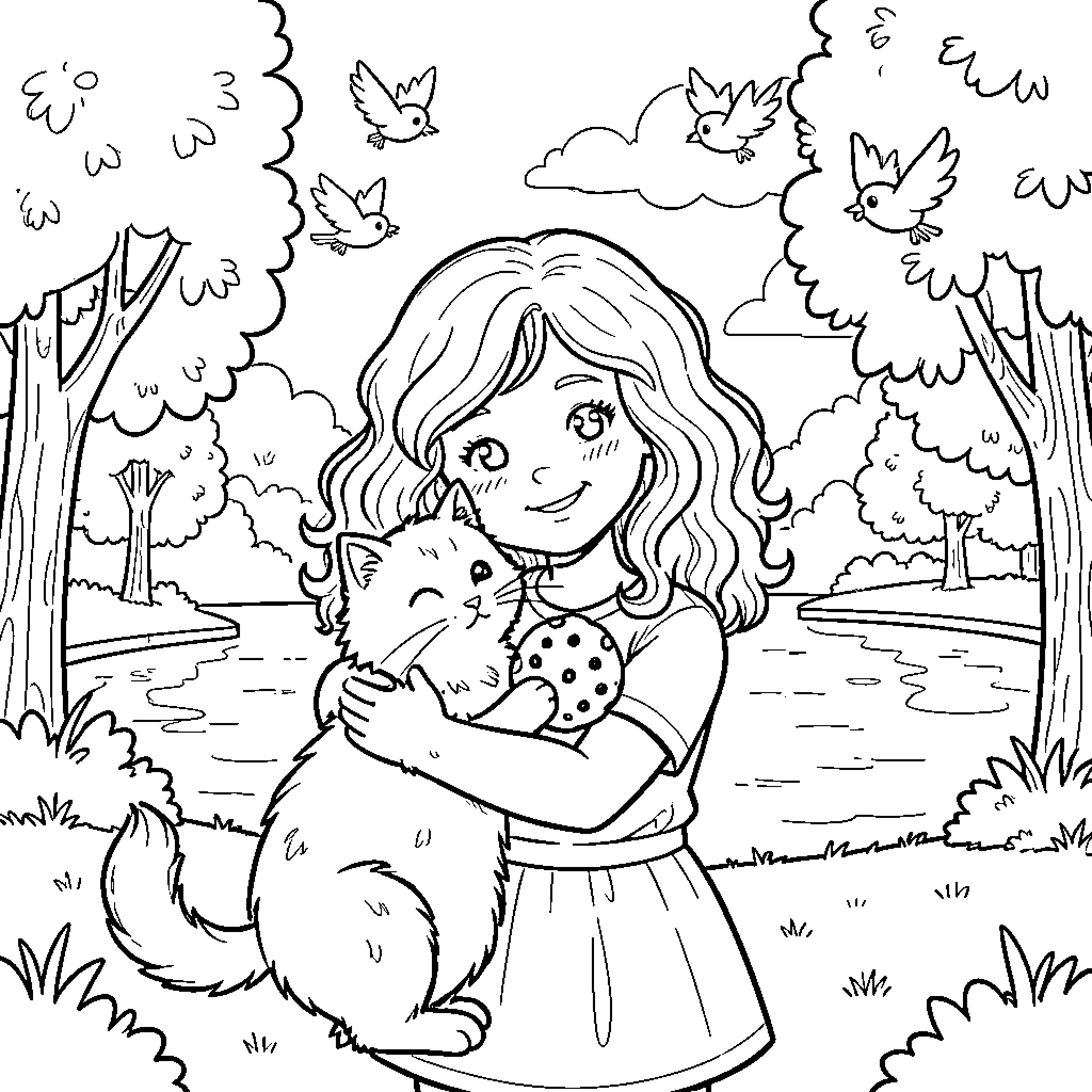 Girl embracing a furry pet in a natural setting Coloring Page (free black-and-white line drawing printable PDF for all, from beginners to advanced learners, including children, teens, adults, and seniors)