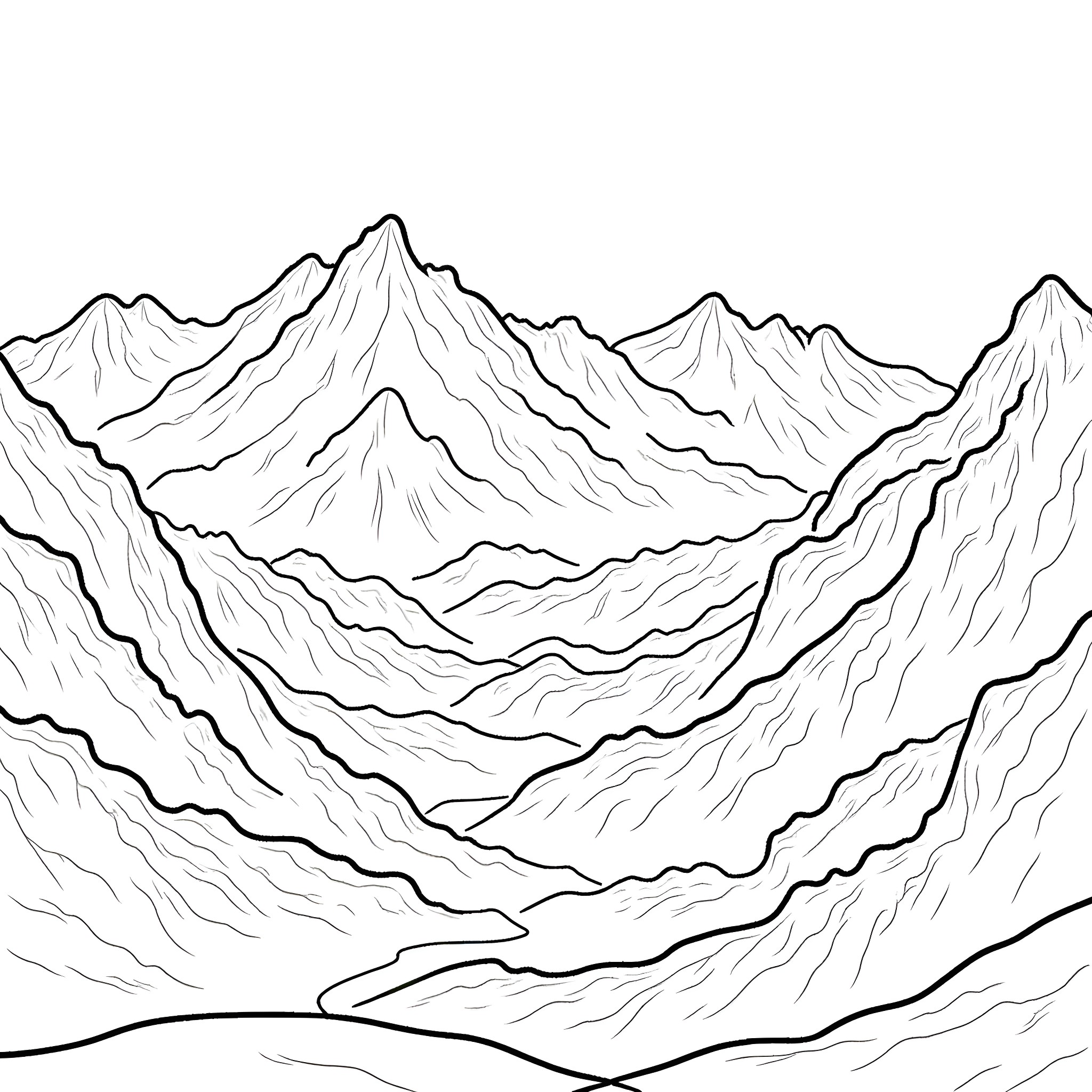 Mountain landscape with rugged terrain Coloring Page (free black-and-white line drawing printable PDF for all, from beginners to advanced learners, including children, teens, adults, and seniors)