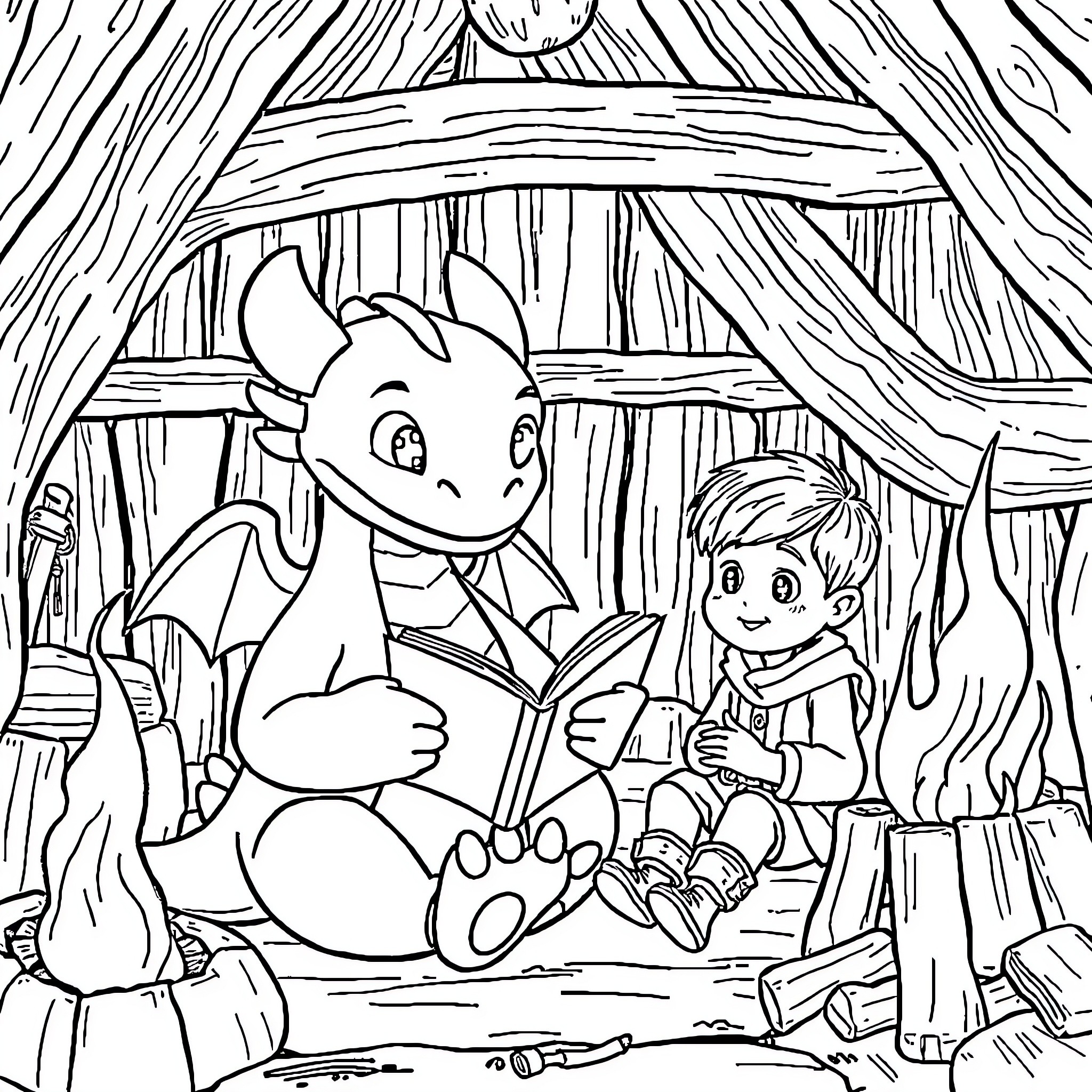 Harold's Storybook Adventure with a Friendly Dragon Coloring Page (free black-and-white line drawing printable PDF for all, from beginners to advanced learners, including children, teens, adults, and seniors)