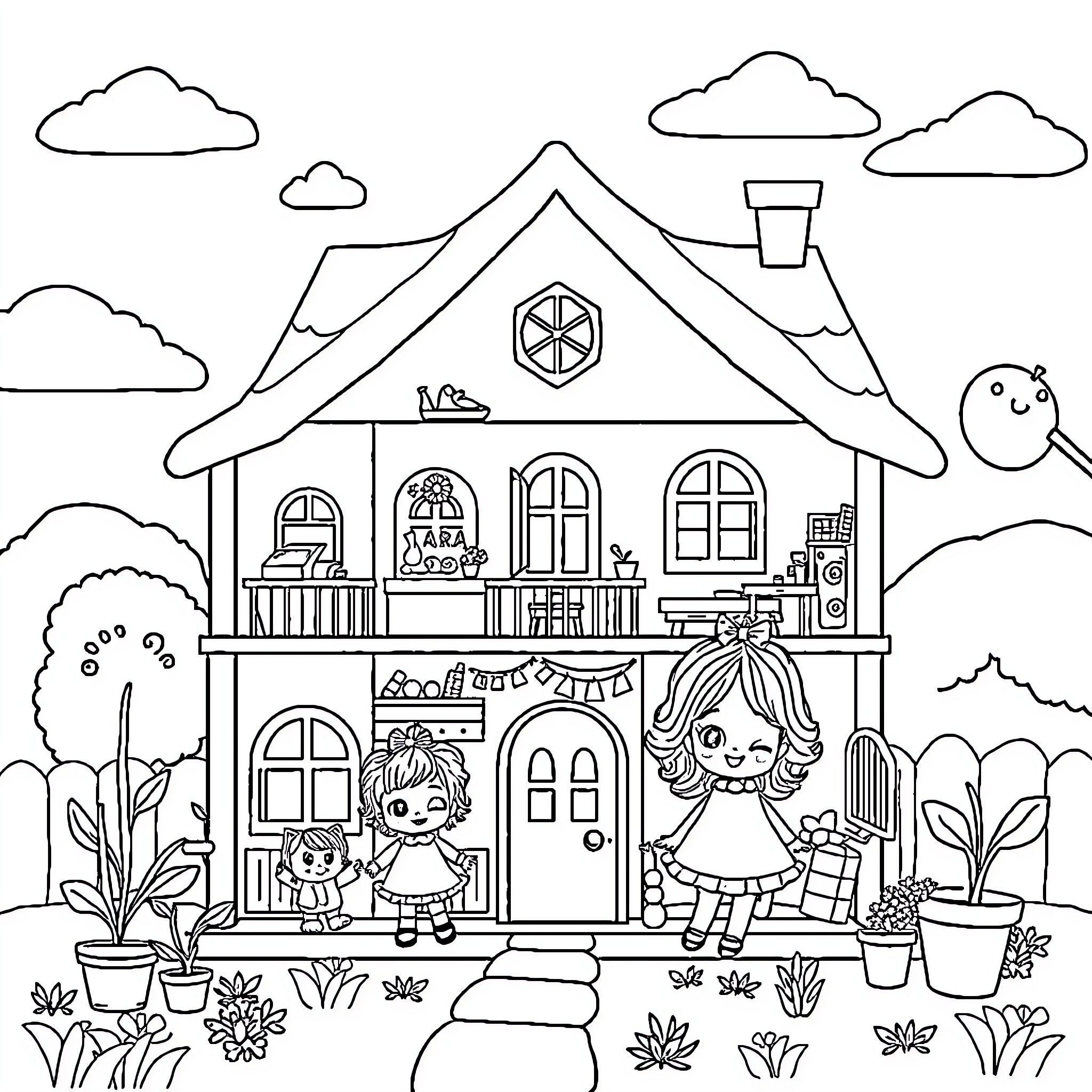 Gabby's Dollhouse with Playful Characters Coloring Page (free black-and-white line drawing printable PDF for all, from beginners to advanced learners, including children, teens, adults, and seniors)