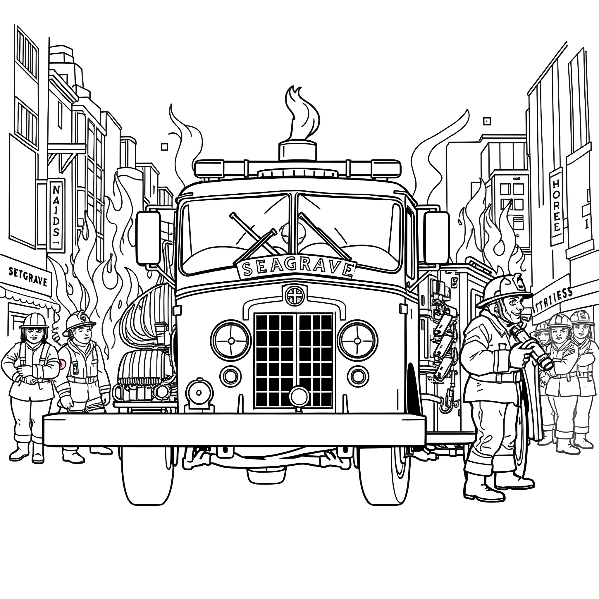 Fire Truck Responding to Emergency in the City Coloring Page (free black-and-white line drawing printable PDF for all, from beginners to advanced learners, including children, teens, adults, and seniors)