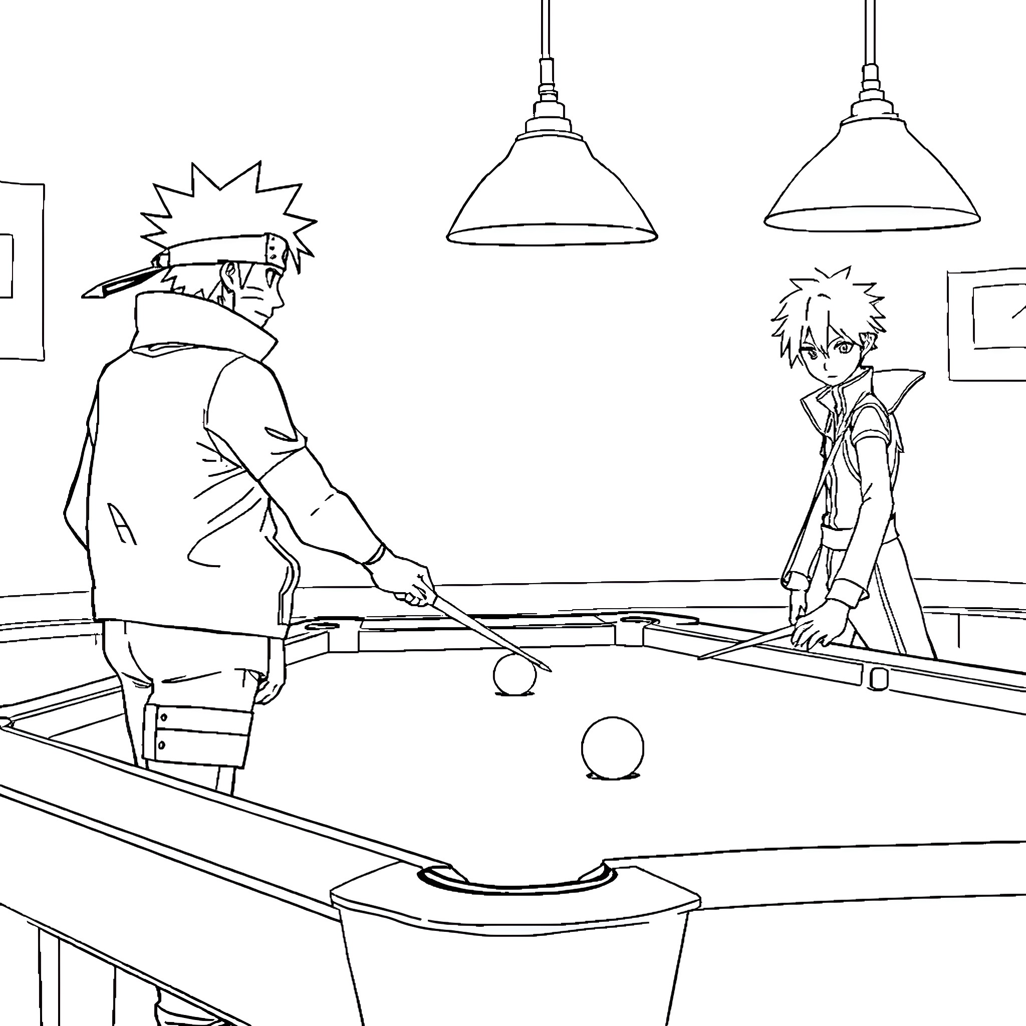Naruto Characters Playing Pool in Indoor Setting Coloring Page (free black-and-white line drawing printable PDF for all, from beginners to advanced learners, including children, teens, adults, and seniors)