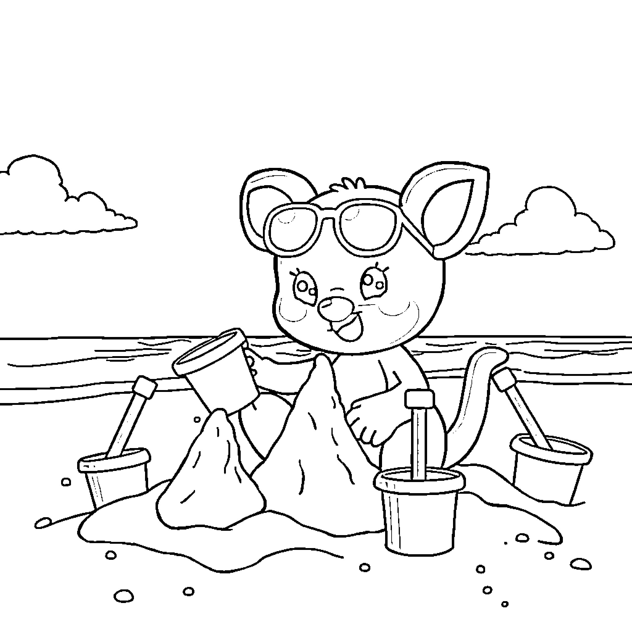 Bluey playing at the beach with toys Coloring Page (free black-and-white line drawing printable PDF for all, from beginners to advanced learners, including children, teens, adults, and seniors)