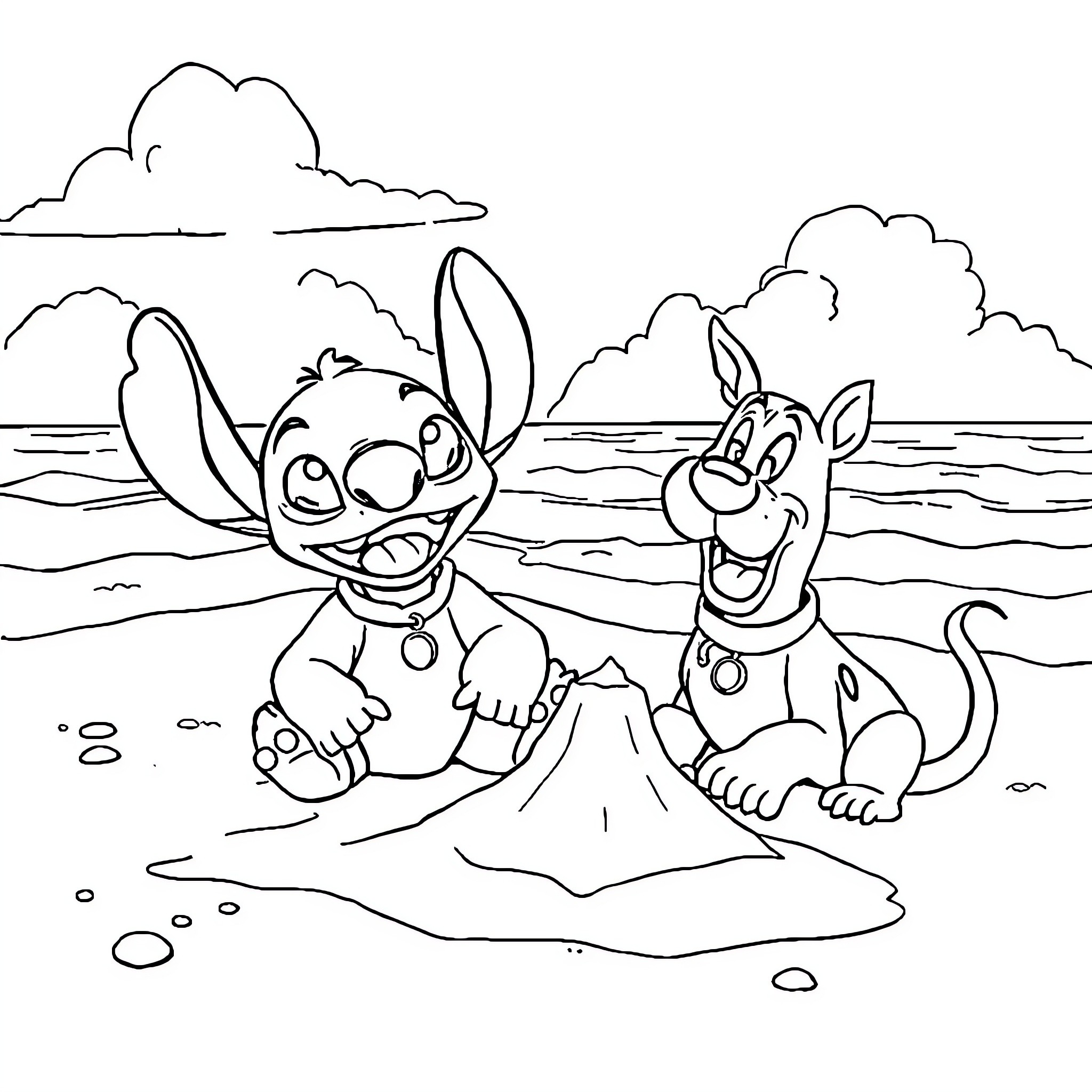 Stitch and Puppy Playing on the Beach Coloring Page (free black-and-white line drawing printable PDF for all, from beginners to advanced learners, including children, teens, adults, and seniors)