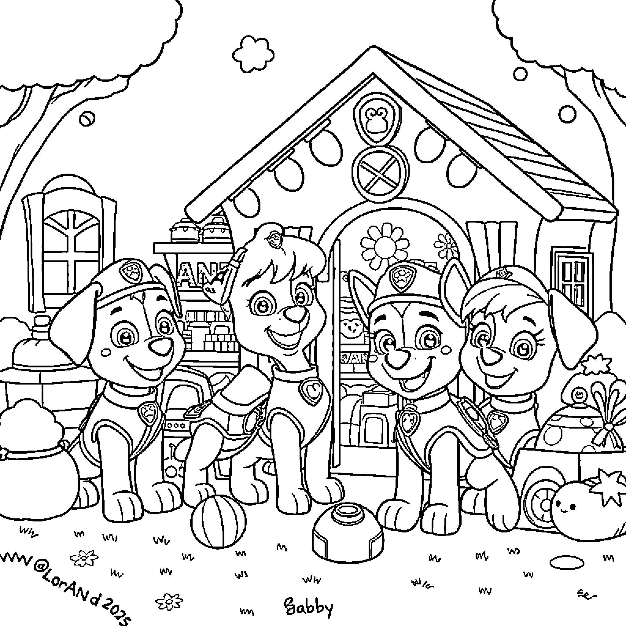 Paw Patrol Characters at Puppy Playhouse Coloring Page (free black-and-white line drawing printable PDF for all, from beginners to advanced learners, including children, teens, adults, and seniors)