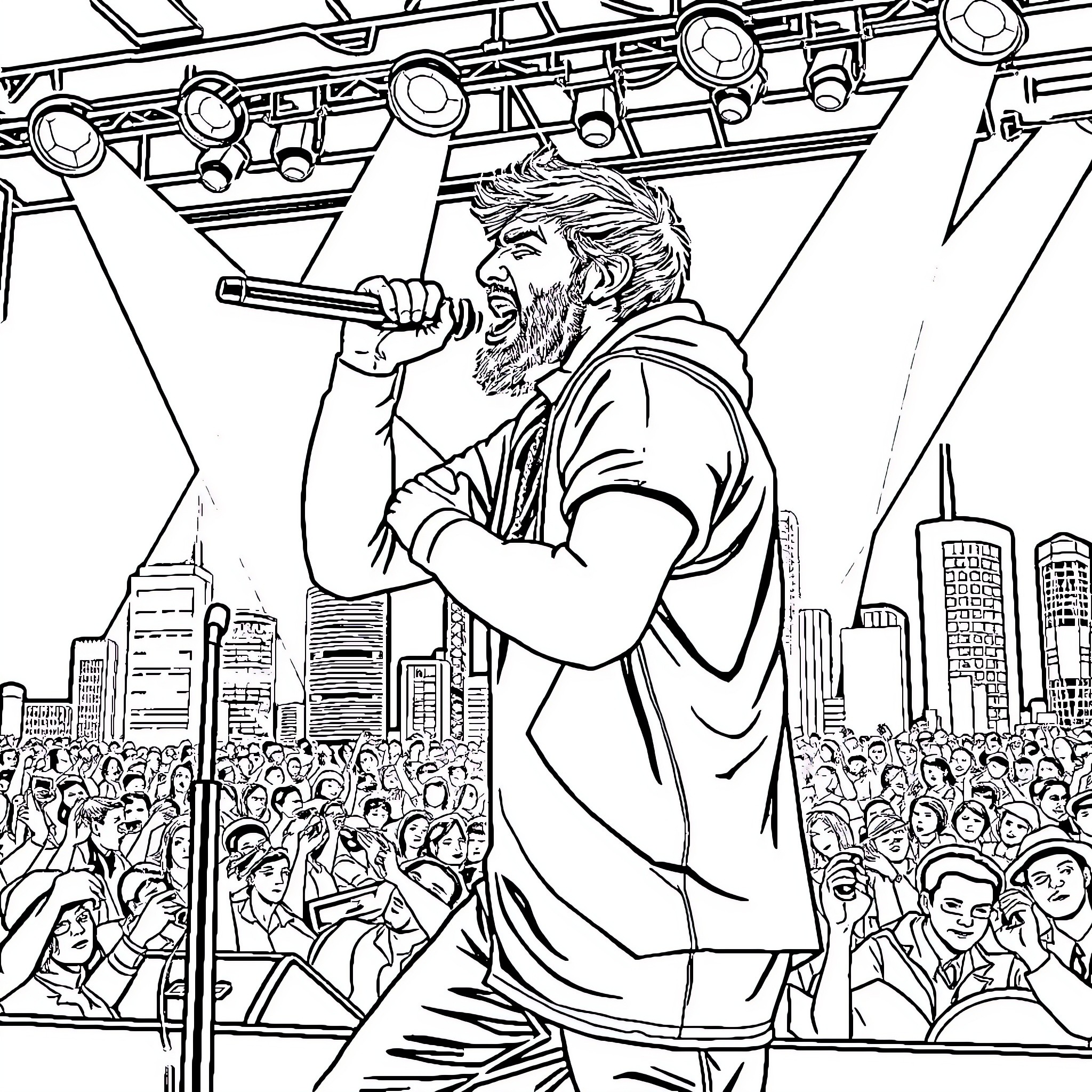 Rapper performing energetically on stage with a crowd Coloring Page (free black-and-white line drawing printable PDF for all, from beginners to advanced learners, including children, teens, adults, and seniors)