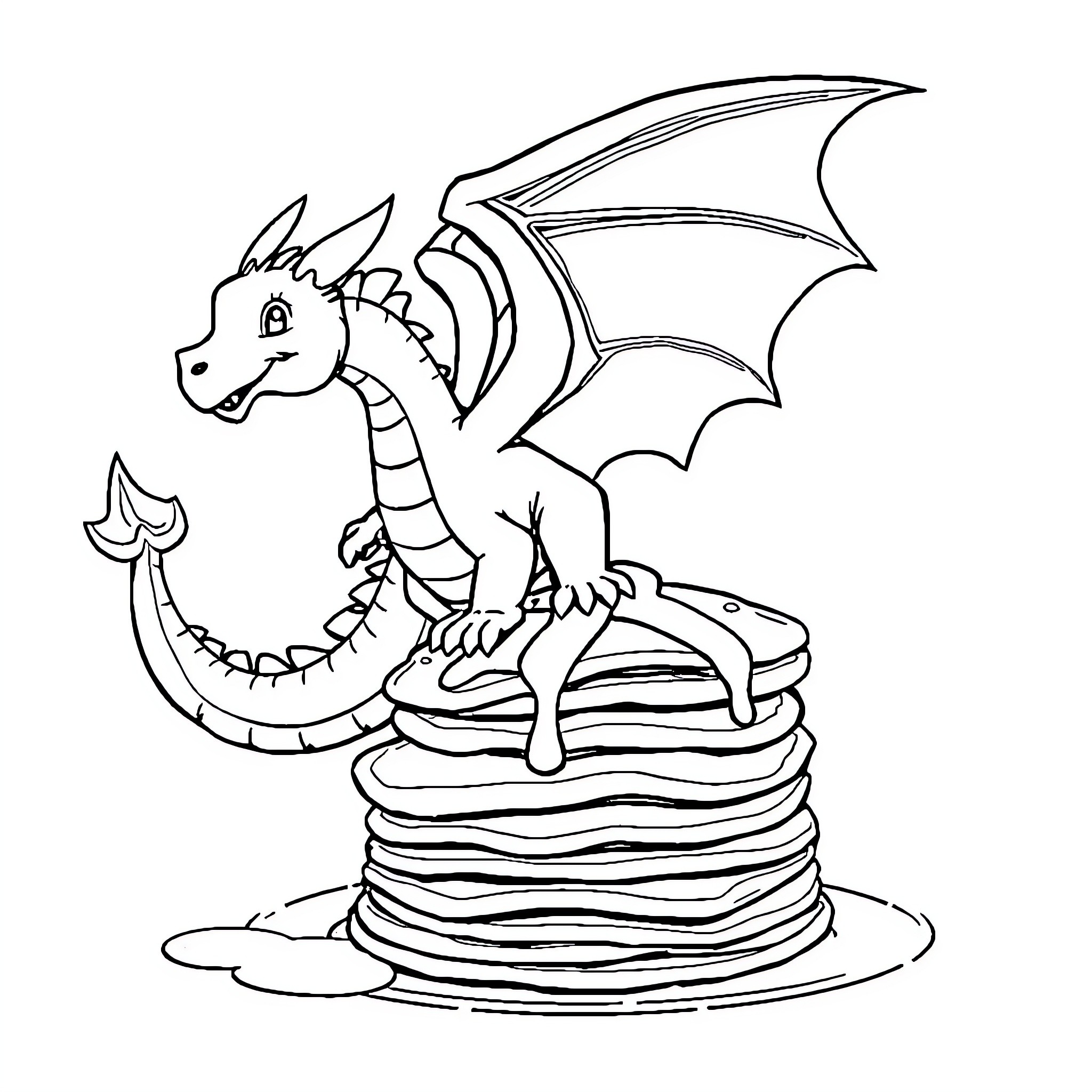 Pancake Dragon Enjoying a Delicious Breakfast Coloring Page (free black-and-white line drawing printable PDF for all, from beginners to advanced learners, including children, teens, adults, and seniors)