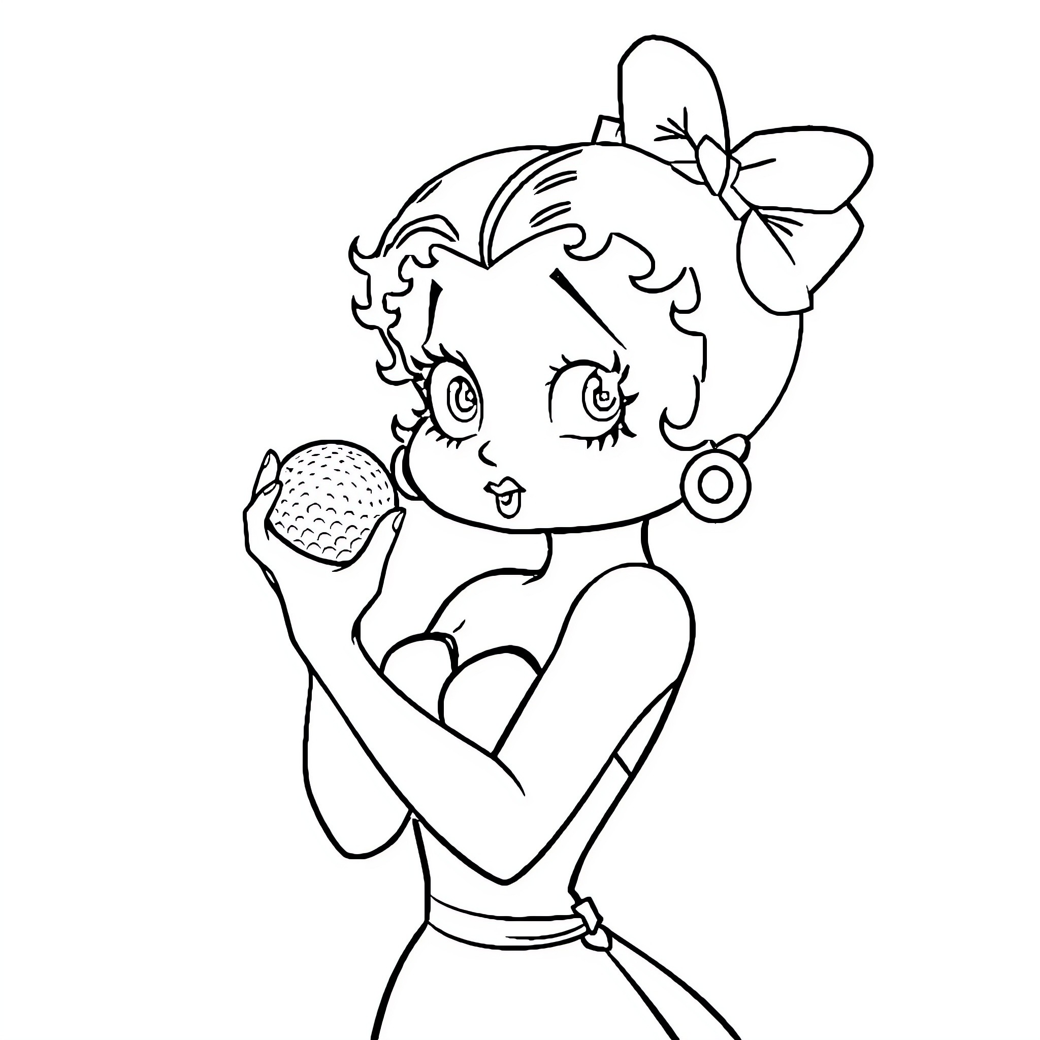 Betty Boop holding a microphone and singing Coloring Page (free black-and-white line drawing printable PDF for all, from beginners to advanced learners, including children, teens, adults, and seniors)