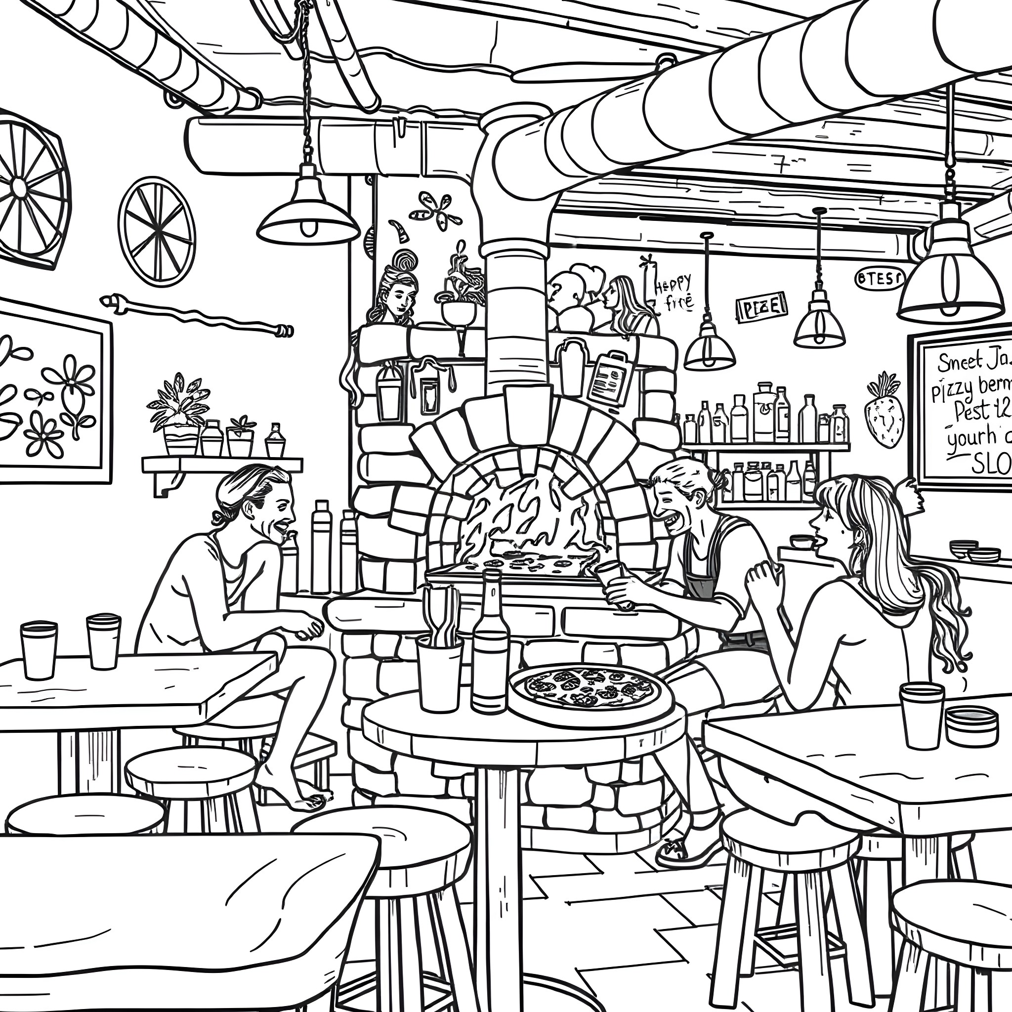 Pizza Party in a Cozy Pizzeria Coloring Page (free black-and-white line drawing printable PDF for all, from beginners to advanced learners, including children, teens, adults, and seniors)