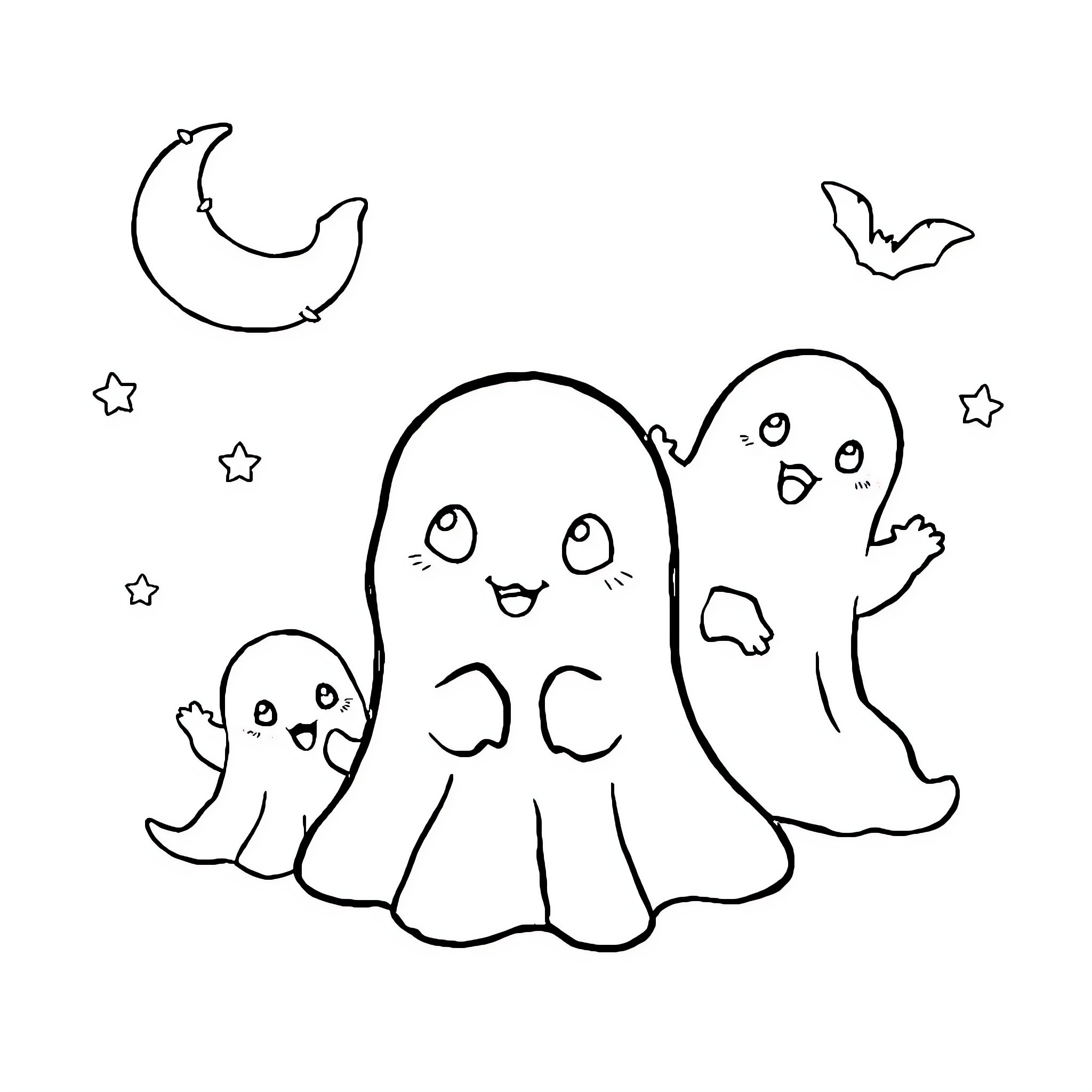 Ghost creatures playing and flying in the night Coloring Page (free black-and-white line drawing printable PDF for all, from beginners to advanced learners, including children, teens, adults, and seniors)
