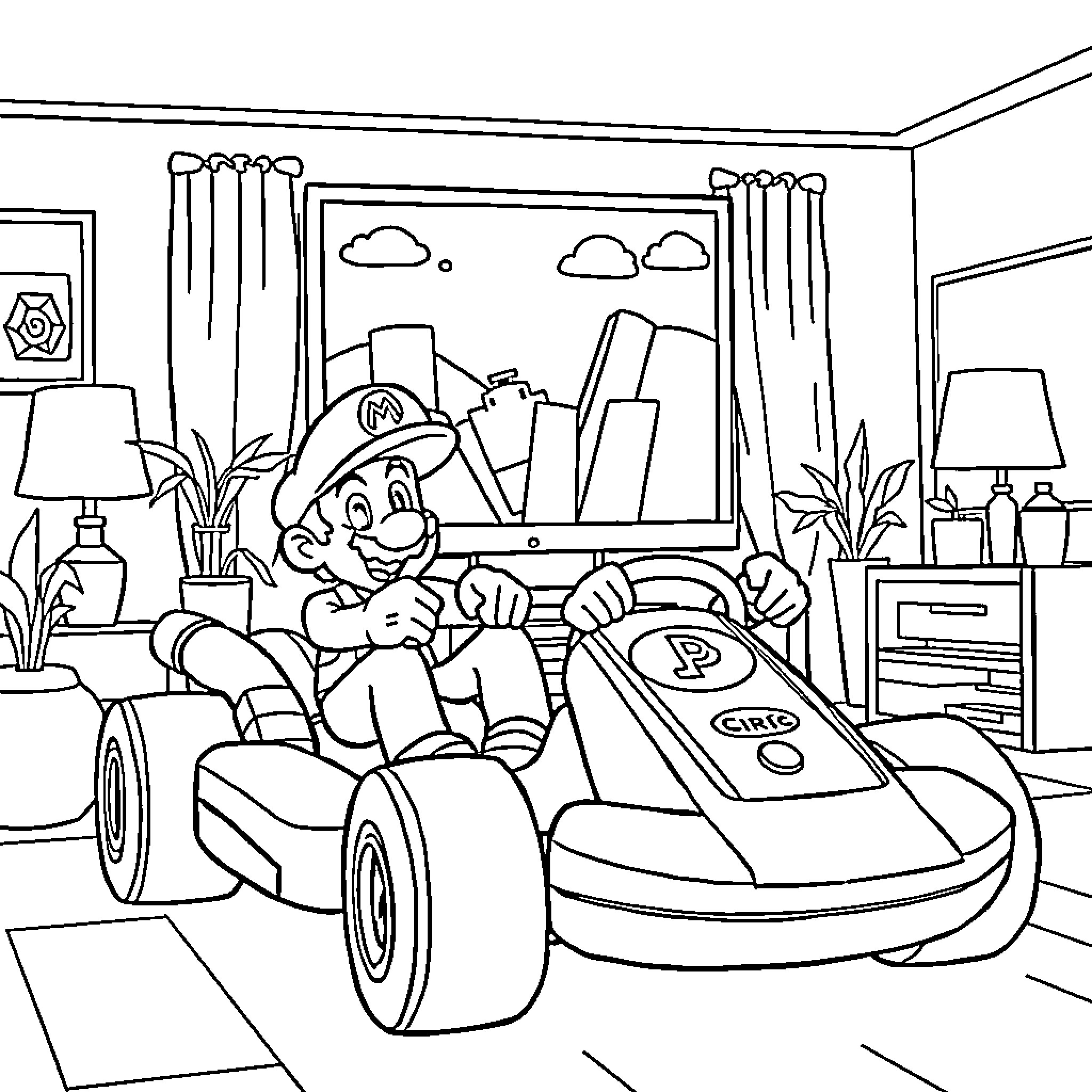 Bluey playing with remote control car in living room Coloring Page (free black-and-white line drawing printable PDF for all, from beginners to advanced learners, including children, teens, adults, and seniors)