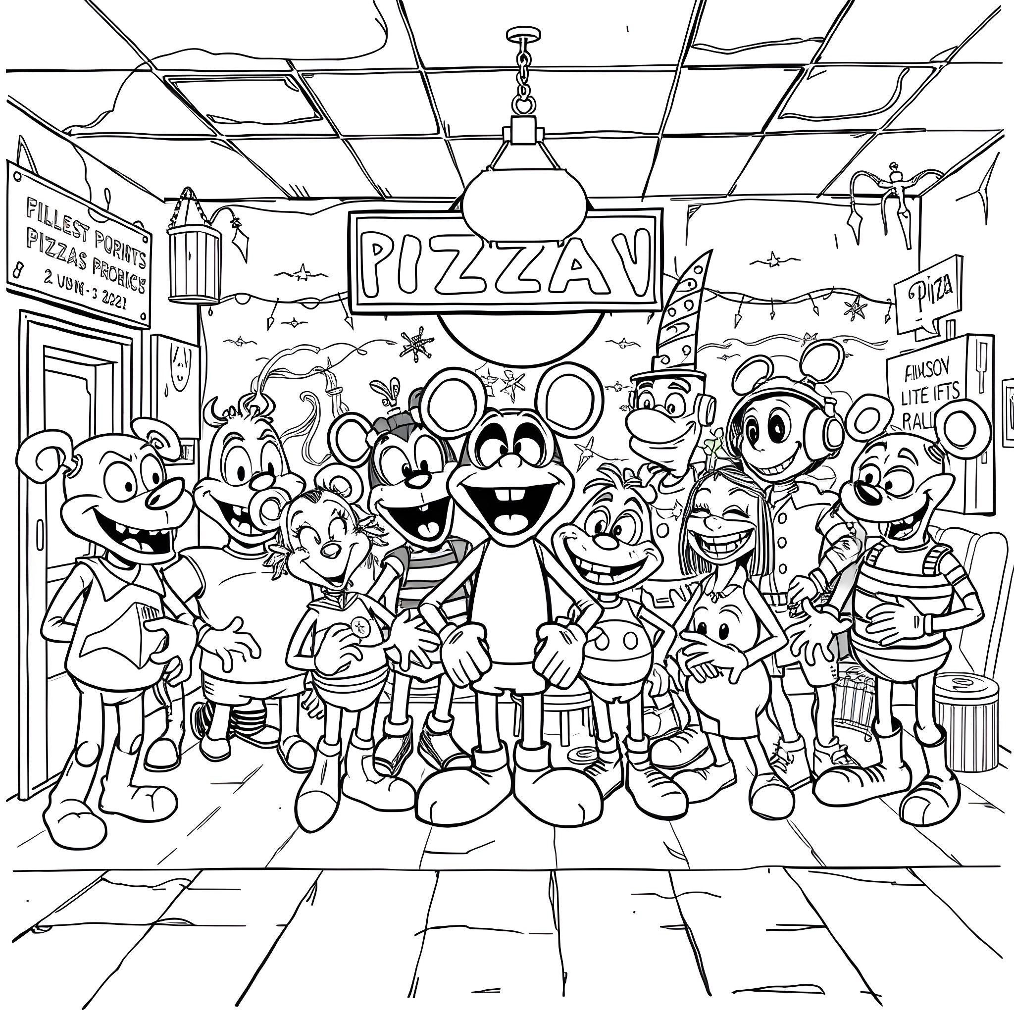 FNAF Characters Gathering at the Pizza Parlor Coloring Page (free black-and-white line drawing printable PDF for all, from beginners to advanced learners, including children, teens, adults, and seniors)