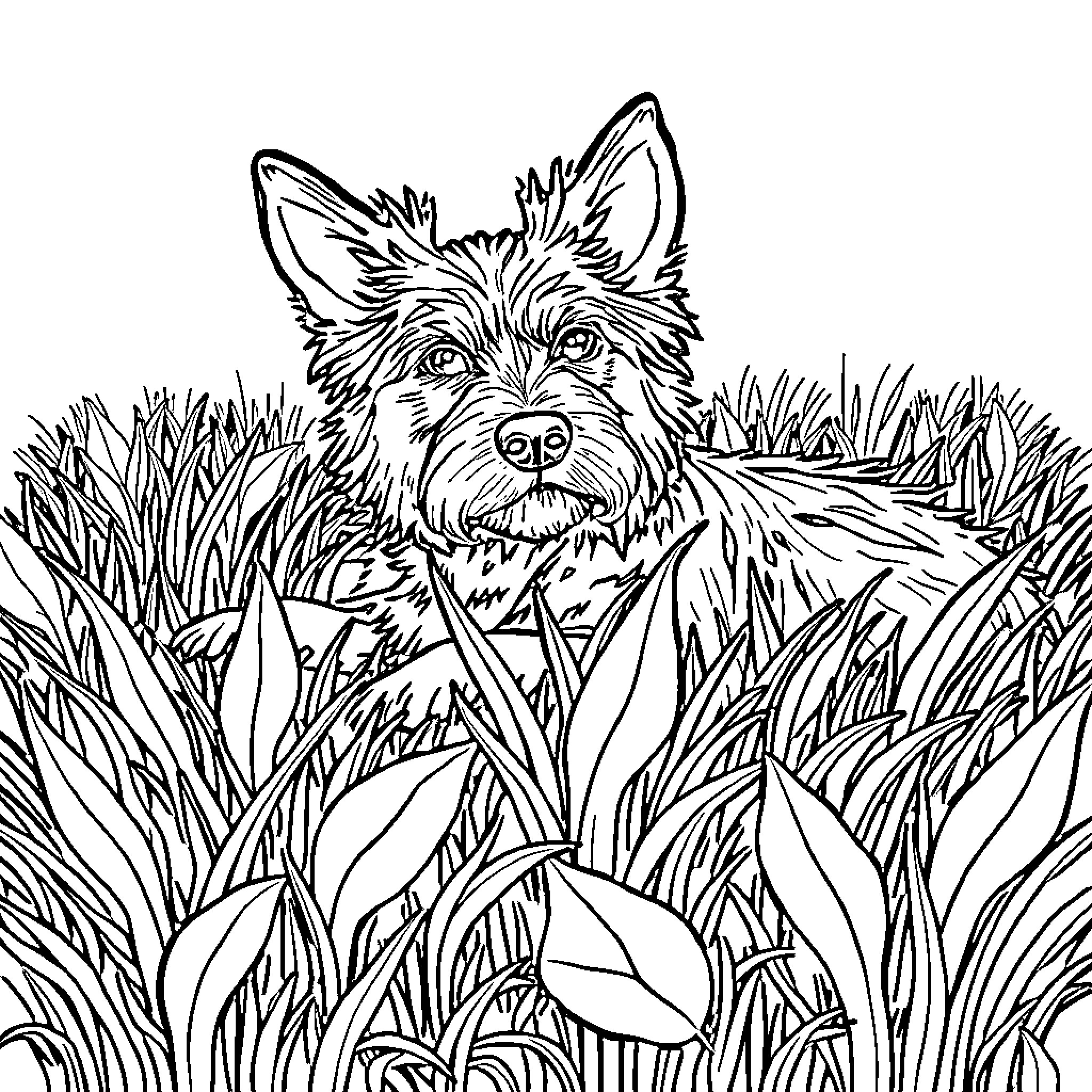 Dog exploring lush vegetation Coloring Page (free black-and-white line drawing printable PDF for all, from beginners to advanced learners, including children, teens, adults, and seniors)