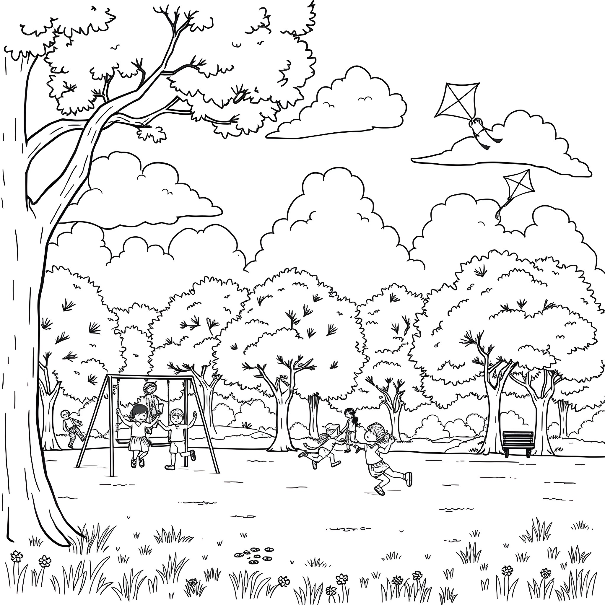 Child Playing Joyfully in Outdoor Park Coloring Page (free black-and-white line drawing printable PDF for all, from beginners to advanced learners, including children, teens, adults, and seniors)