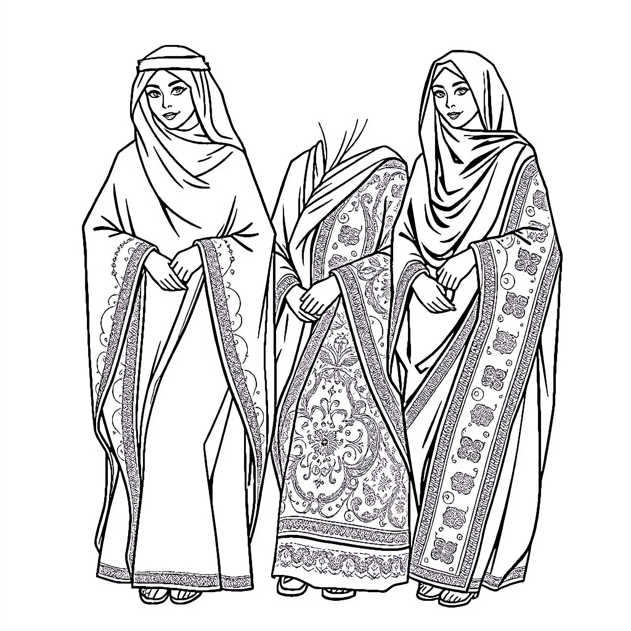 Abaes: Elegant Women in Traditional Attire Coloring Page (free black-and-white line drawing printable PDF for all, from beginners to advanced learners, including children, teens, adults, and seniors)