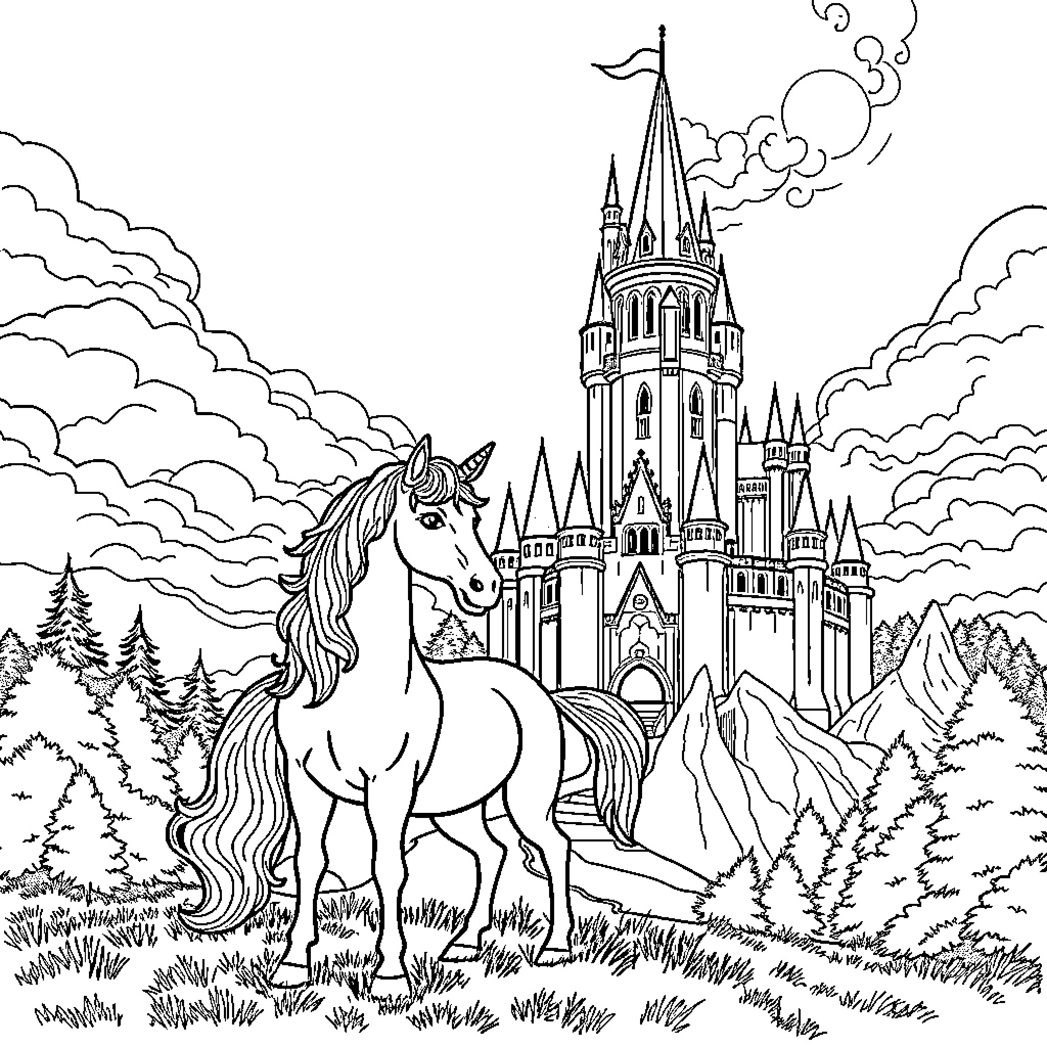 Unicorn standing majestically before a grand castle Coloring Page (free black-and-white line drawing printable PDF for all, from beginners to advanced learners, including children, teens, adults, and seniors)