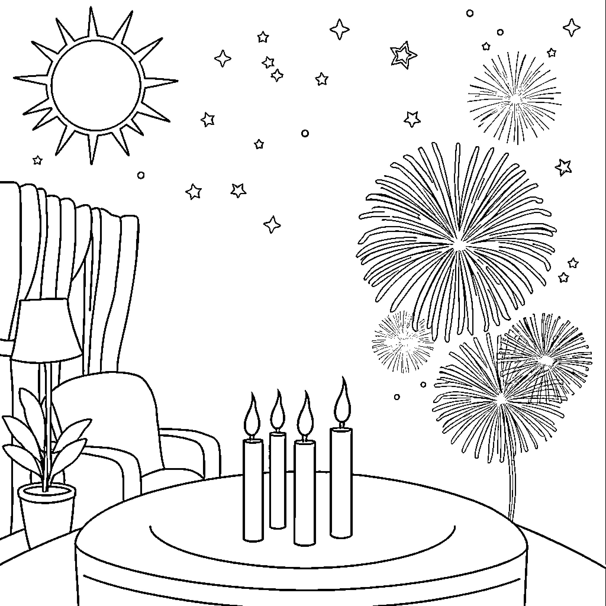 Light Source of Celebration and Joy Coloring Page (free black-and-white line drawing printable PDF for all, from beginners to advanced learners, including children, teens, adults, and seniors)