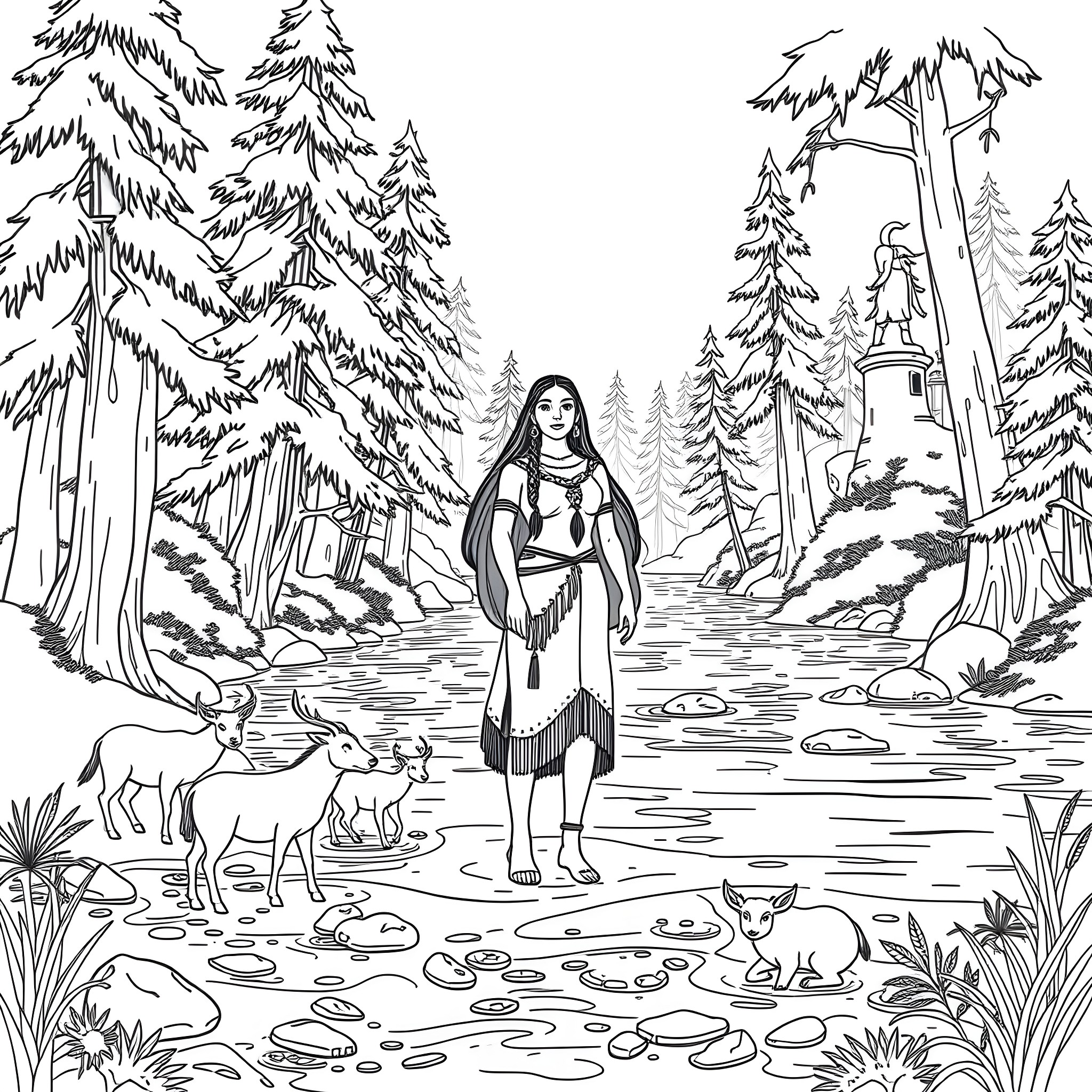 Pocahontas surrounded by wildlife in the forest Coloring Page (free black-and-white line drawing printable PDF for all, from beginners to advanced learners, including children, teens, adults, and seniors)