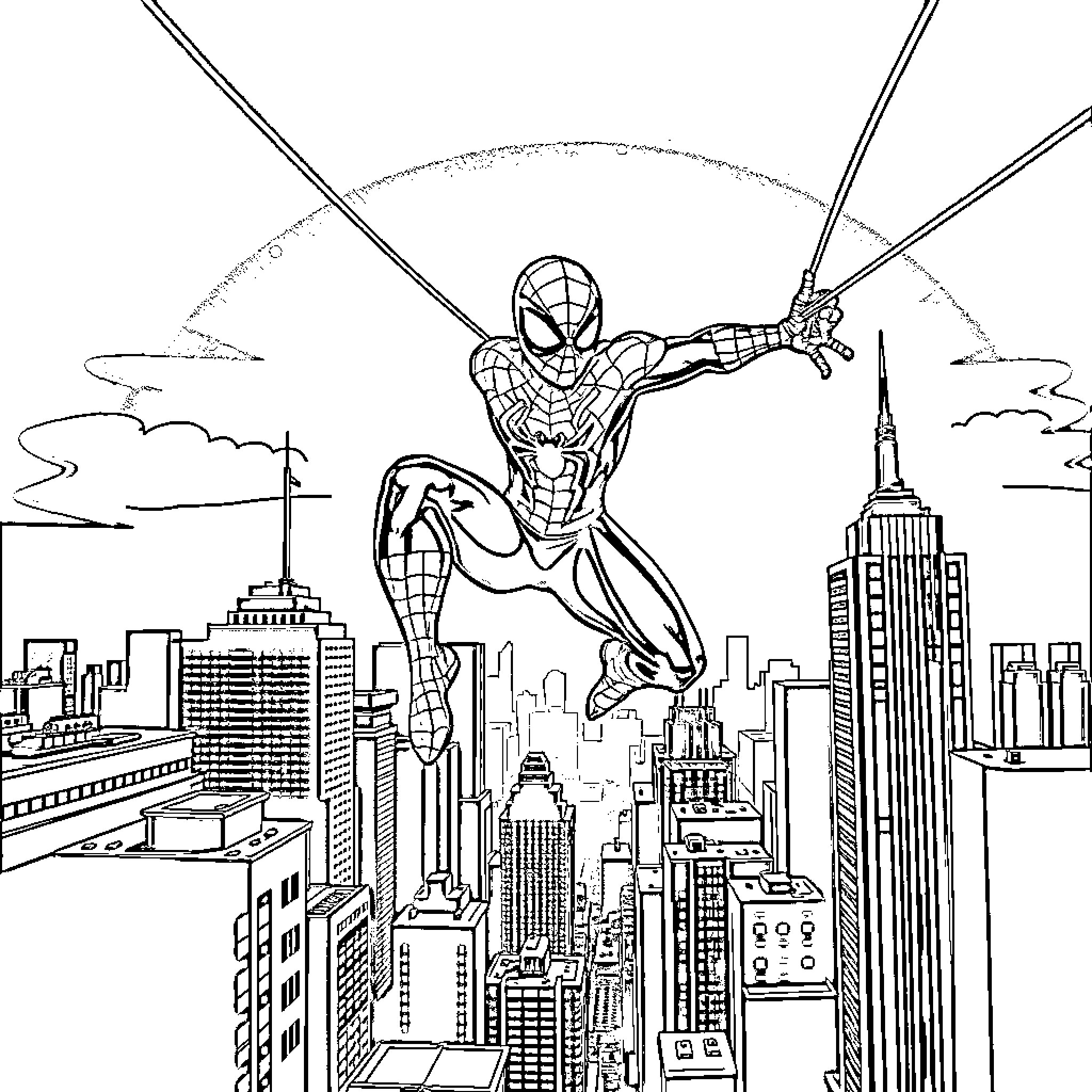 Spider-Man swinging through the city skyline Coloring Page (free black-and-white line drawing printable PDF for all, from beginners to advanced learners, including children, teens, adults, and seniors)