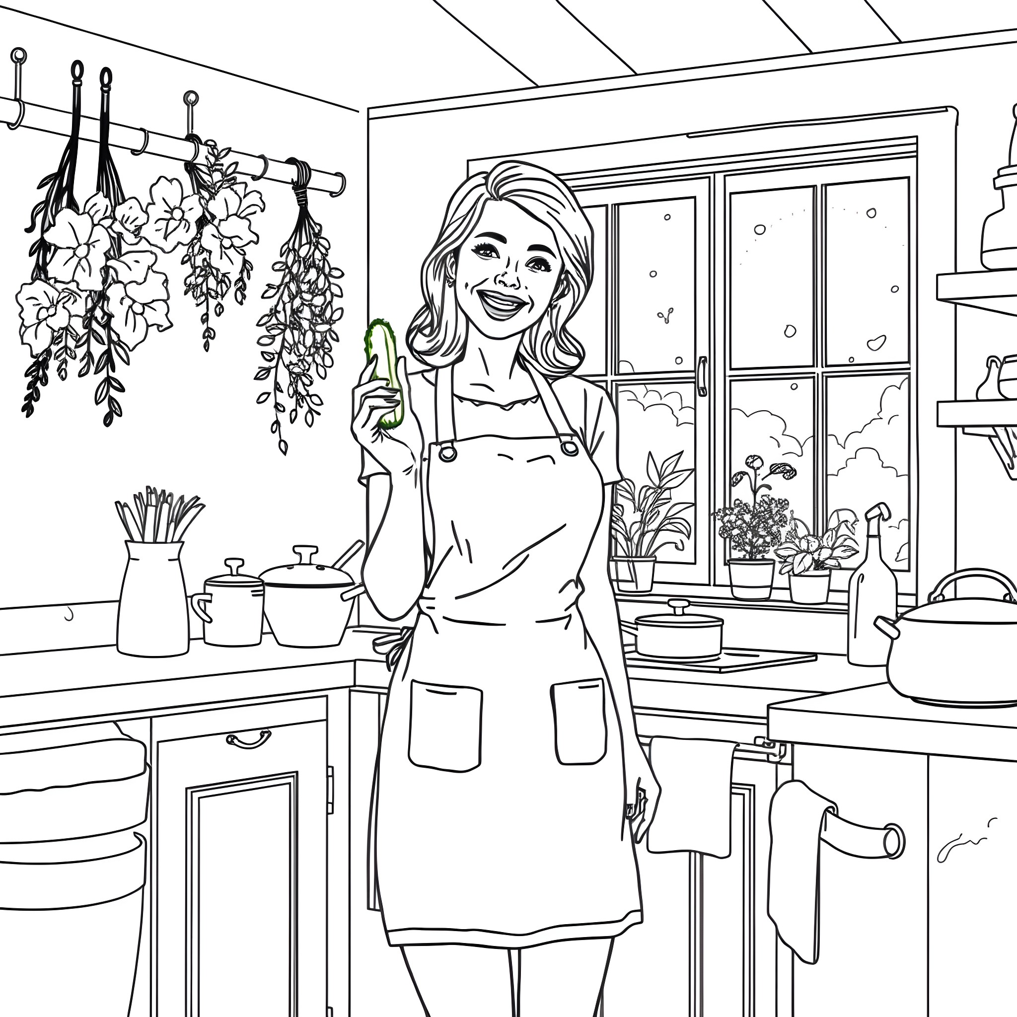Woman cooking happily in a cozy kitchen Coloring Page (free black-and-white line drawing printable PDF for all, from beginners to advanced learners, including children, teens, adults, and seniors)