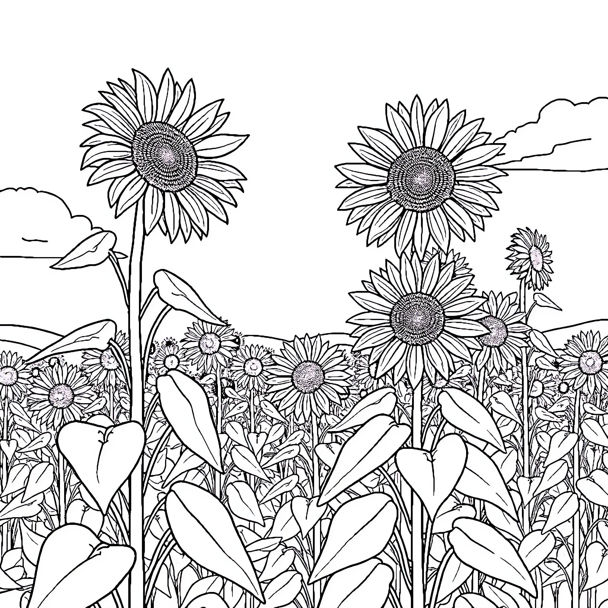Sunflower field in bloom with nature scenery Coloring Page (free black-and-white line drawing printable PDF for all, from beginners to advanced learners, including children, teens, adults, and seniors)