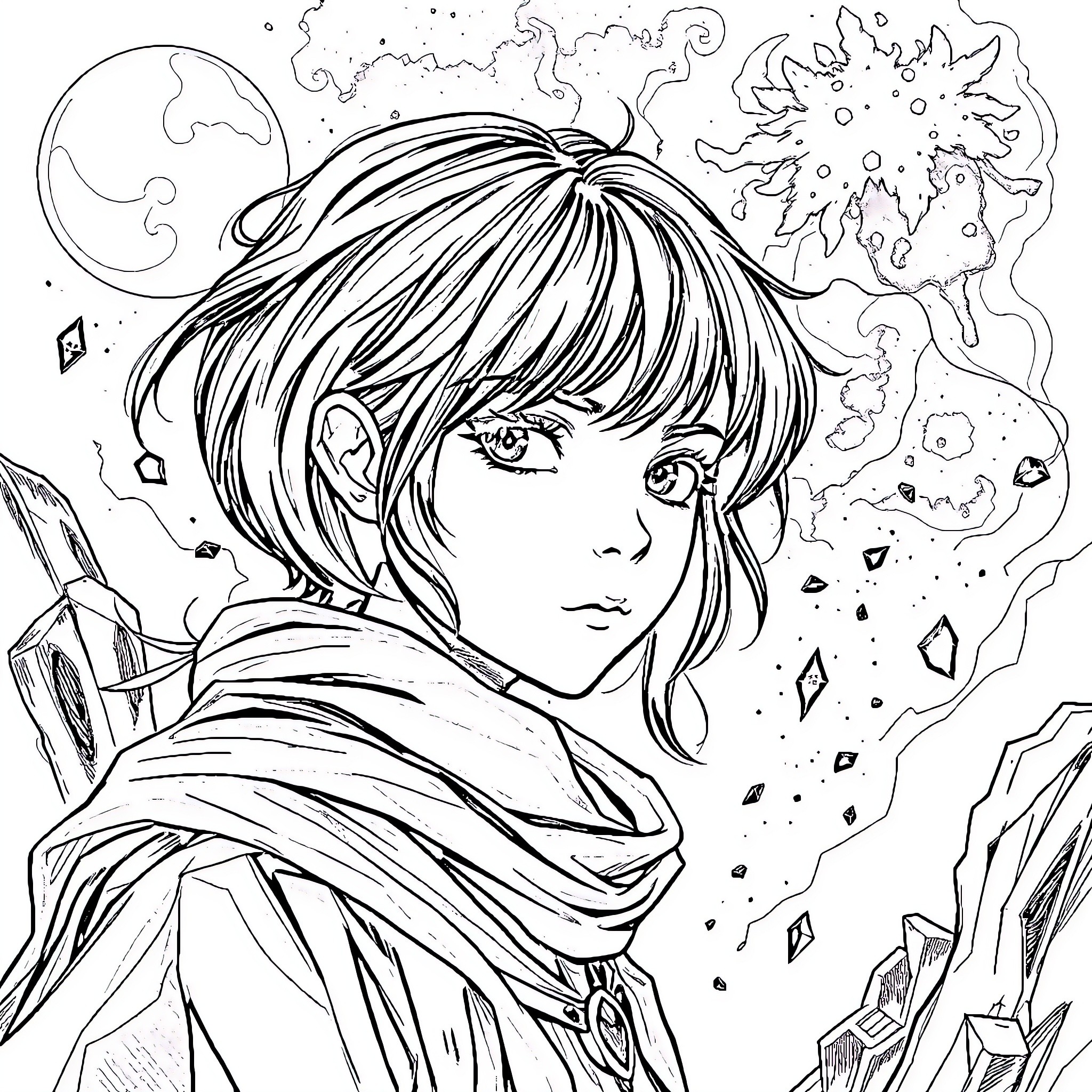 Kate's Mystical Journey Through Swirling Landscapes Coloring Page (free black-and-white line drawing printable PDF for all, from beginners to advanced learners, including children, teens, adults, and seniors)