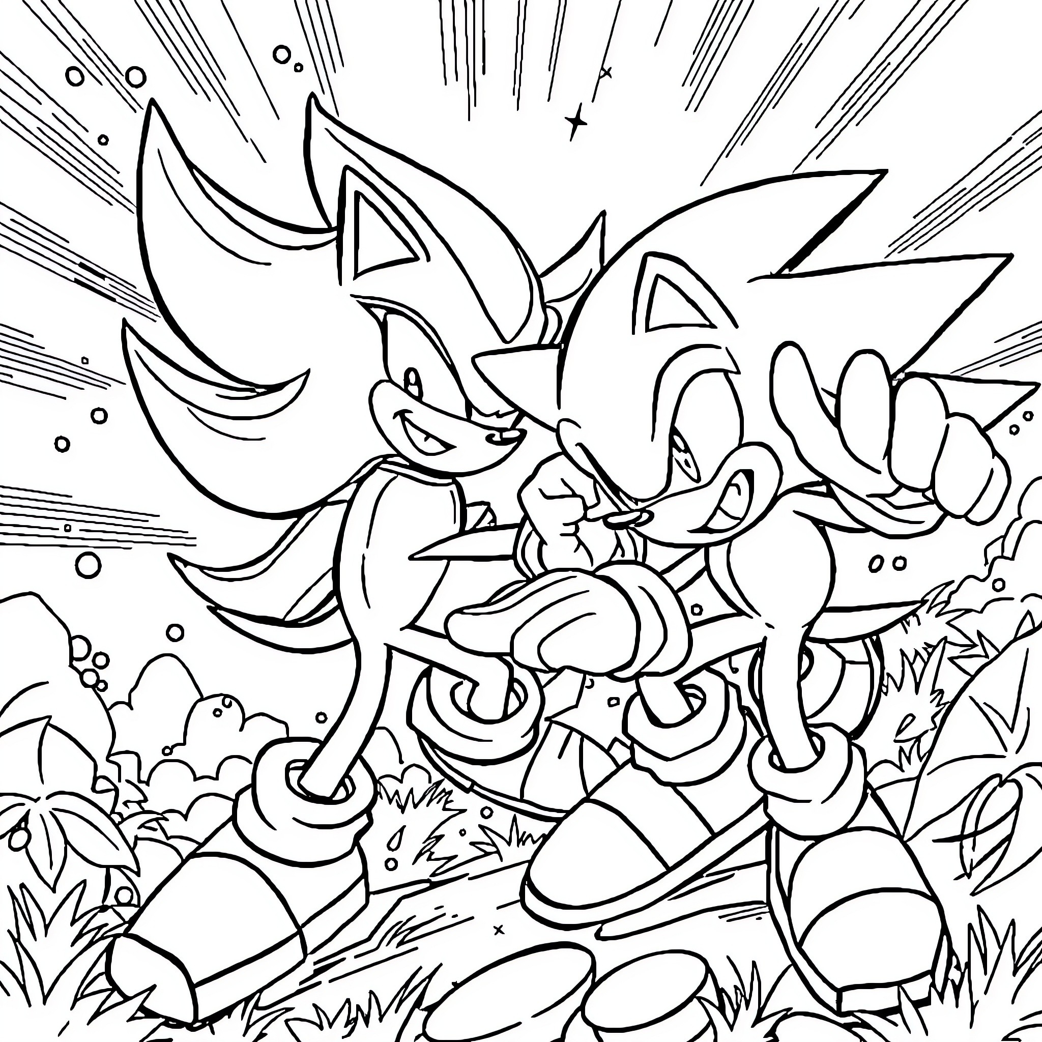 Sonic characters in action-packed scene Coloring Page (free black-and-white line drawing printable PDF for all, from beginners to advanced learners, including children, teens, adults, and seniors)