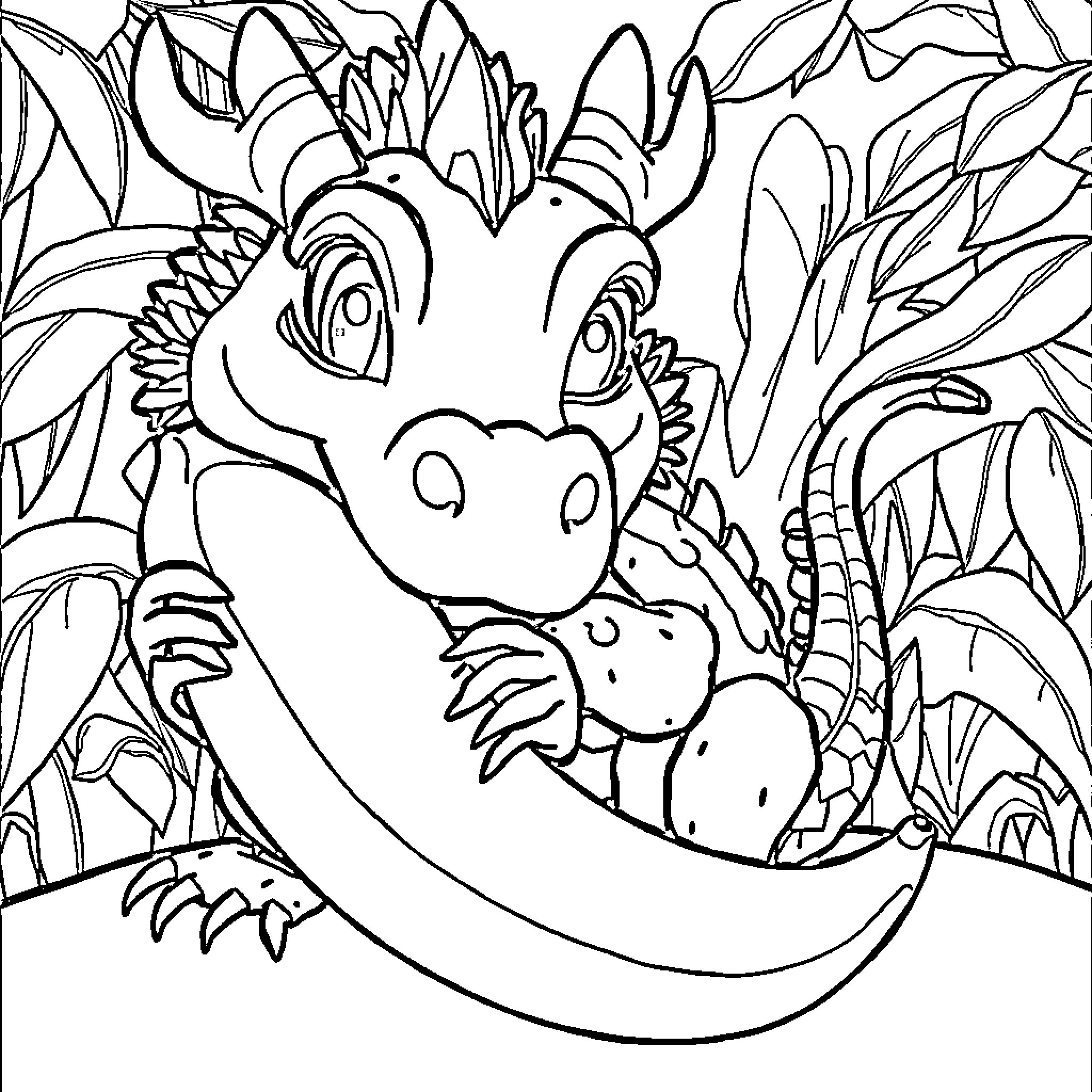 Dragon in Lush Tropical Habitat Coloring Page (free black-and-white line drawing printable PDF for all, from beginners to advanced learners, including children, teens, adults, and seniors)