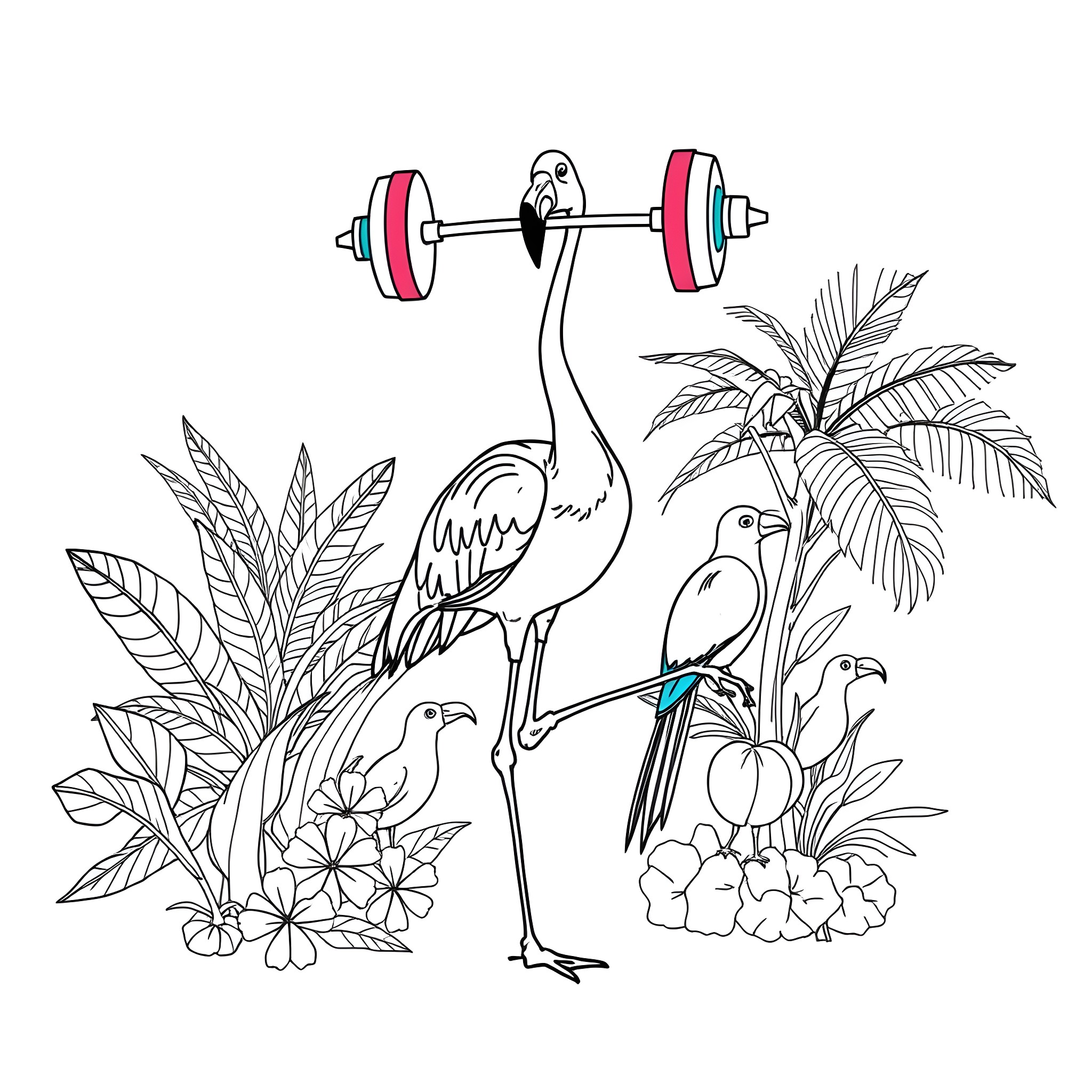 Flamingo Lifting Weights in Tropical Setting Coloring Page (free black-and-white line drawing printable PDF for all, from beginners to advanced learners, including children, teens, adults, and seniors)