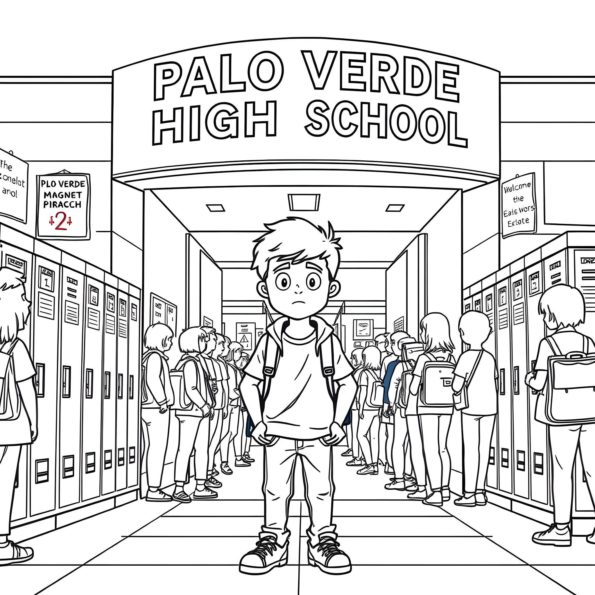 High School Freshman Starting School Day Coloring Page (free black-and-white line drawing printable PDF for all, from beginners to advanced learners, including children, teens, adults, and seniors)