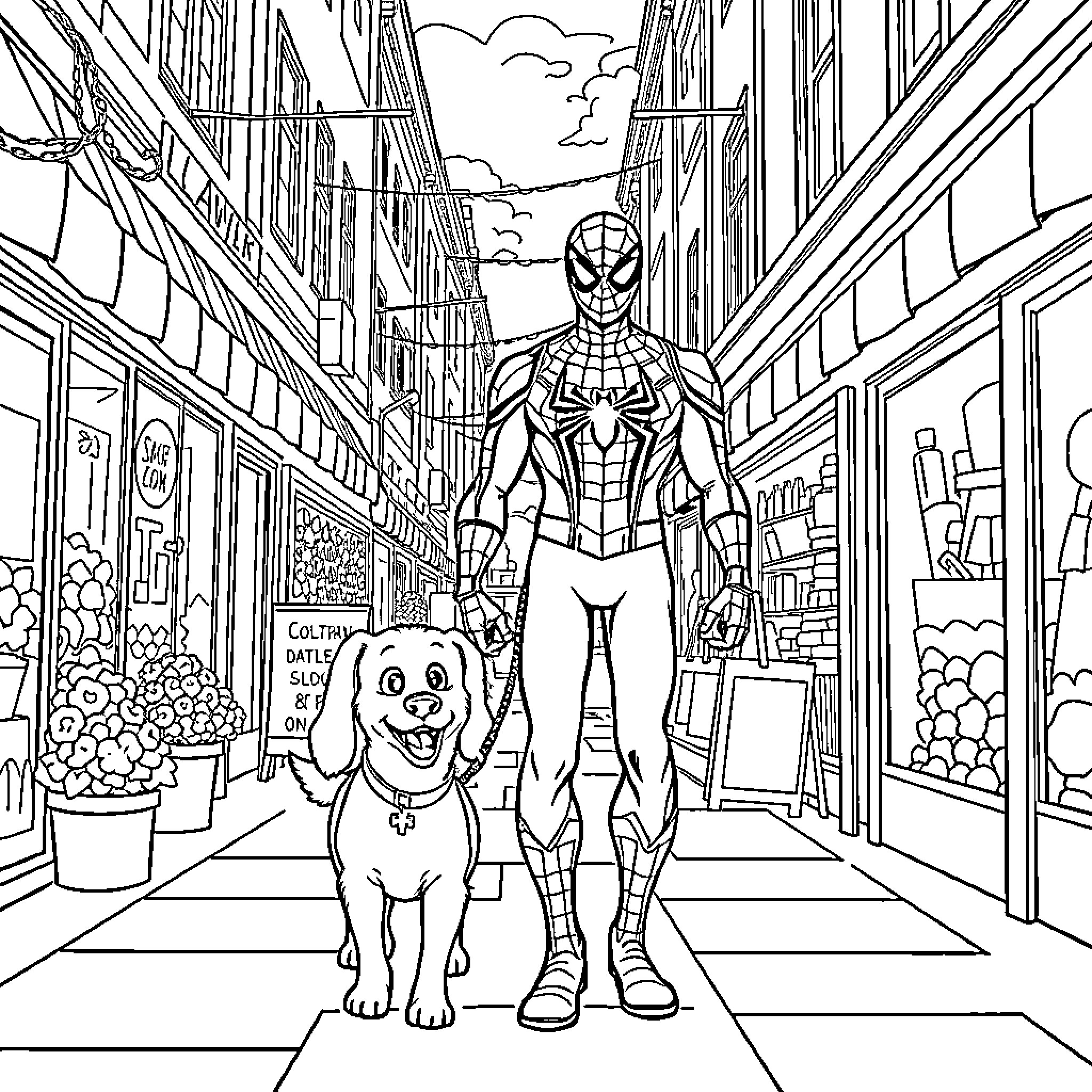 Spiderman walking with a dog in the city Coloring Page (free black-and-white line drawing printable PDF for all, from beginners to advanced learners, including children, teens, adults, and seniors)