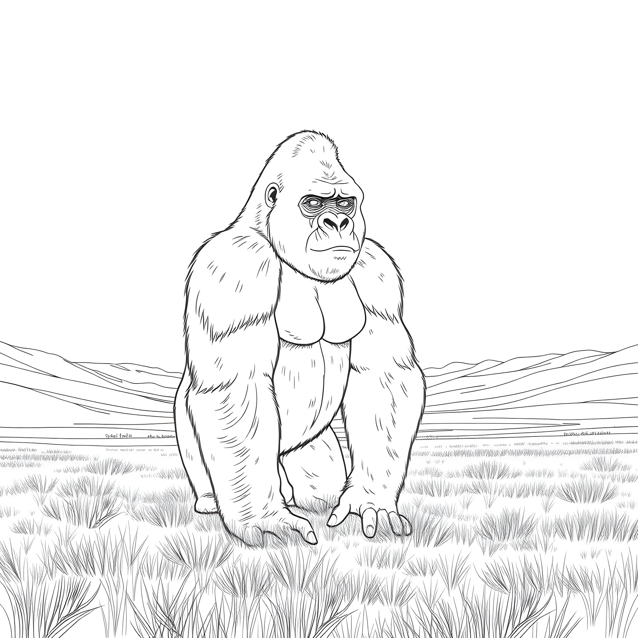 Gorilla standing in the savanna Coloring Page (free black-and-white line drawing printable PDF for all, from beginners to advanced learners, including children, teens, adults, and seniors)