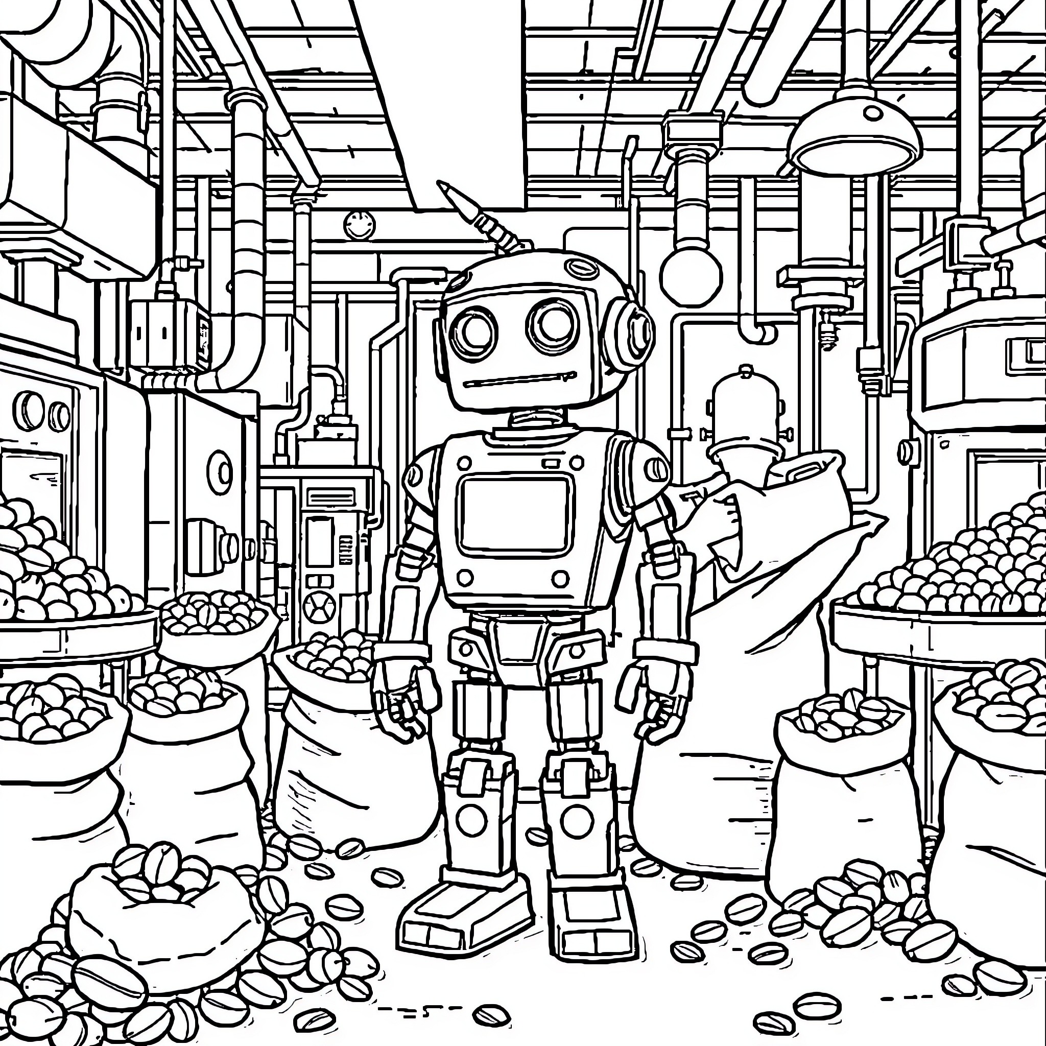 Robot exploring a futuristic supermarket Coloring Page (free black-and-white line drawing printable PDF for all, from beginners to advanced learners, including children, teens, adults, and seniors)