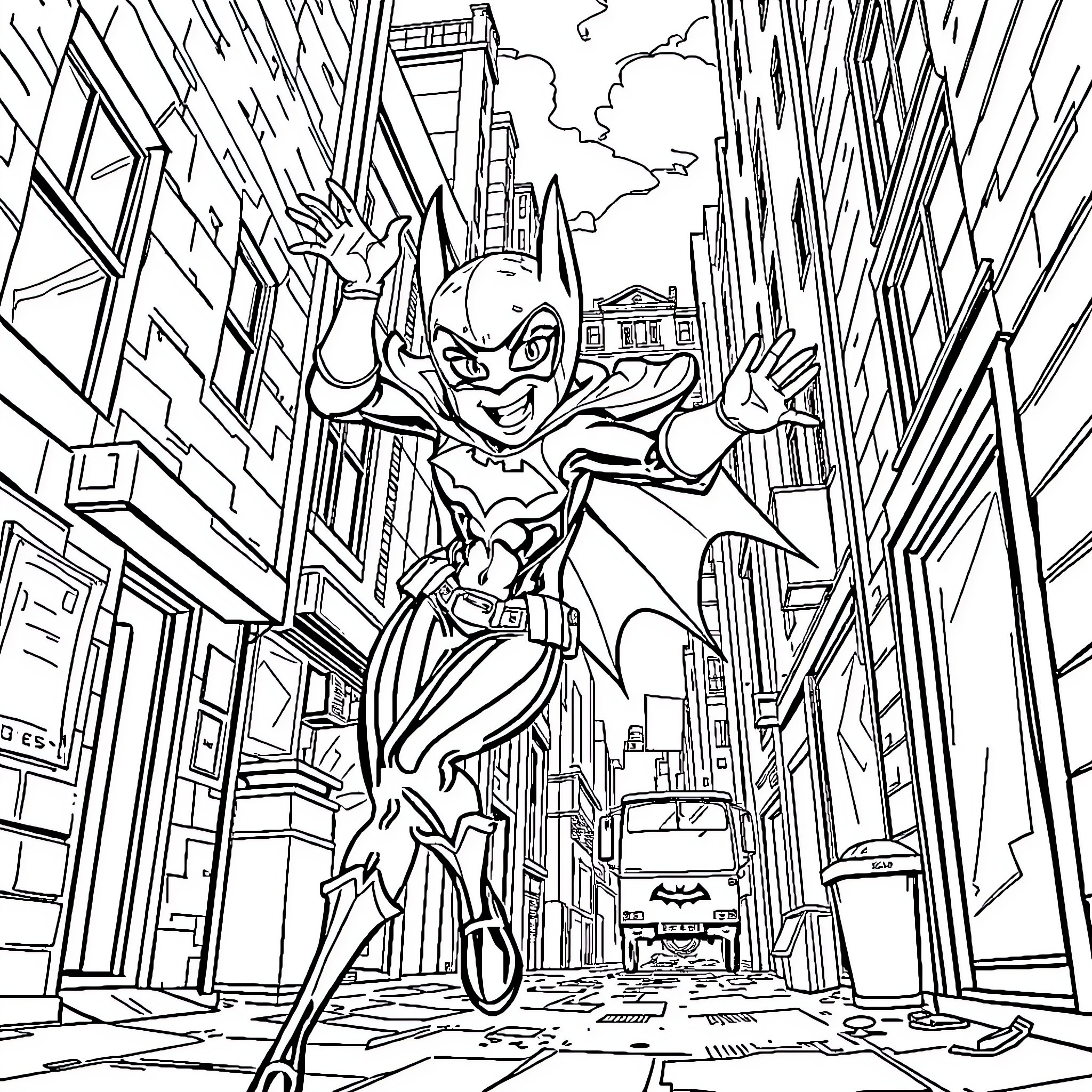 Batgirl swinging through the city skyline Coloring Page (free black-and-white line drawing printable PDF for all, from beginners to advanced learners, including children, teens, adults, and seniors)