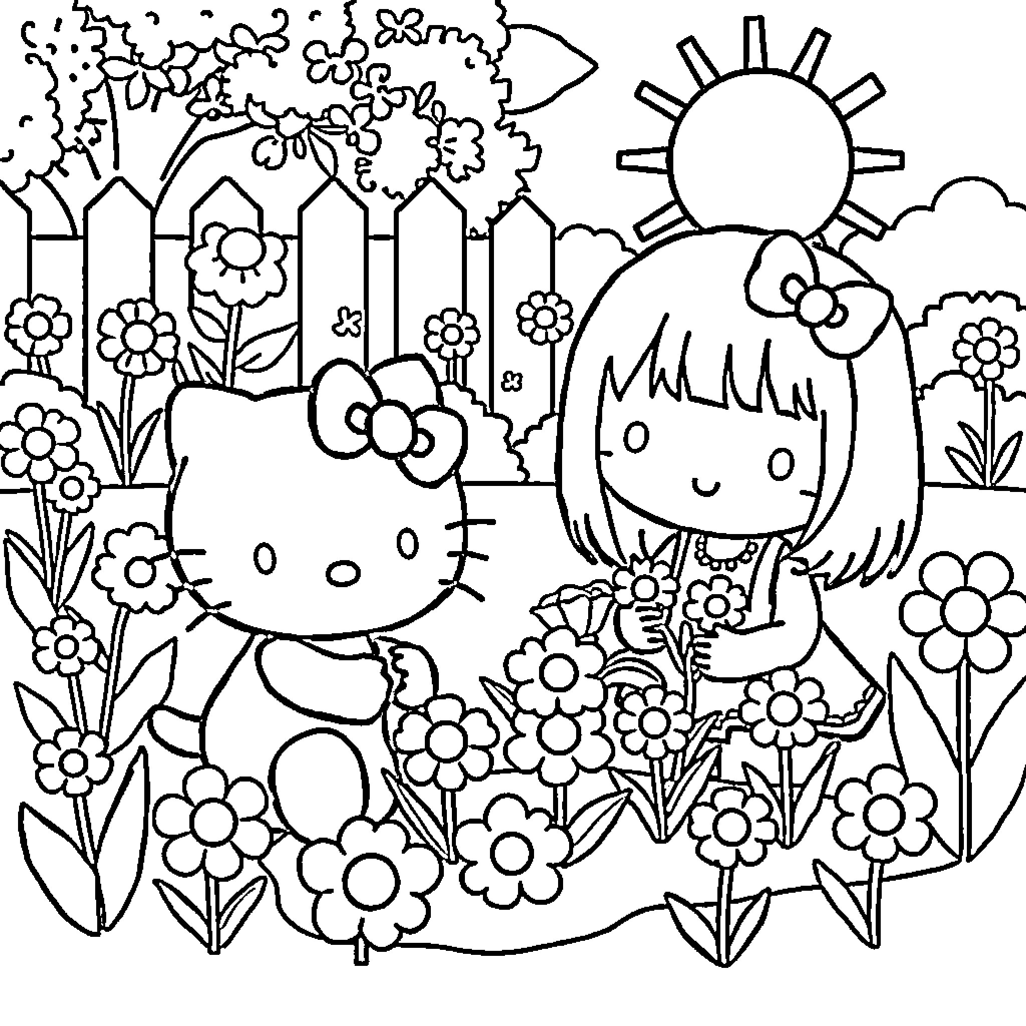 Hello Kitty playing in a flower garden Coloring Page (free black-and-white line drawing printable PDF for all, from beginners to advanced learners, including children, teens, adults, and seniors)