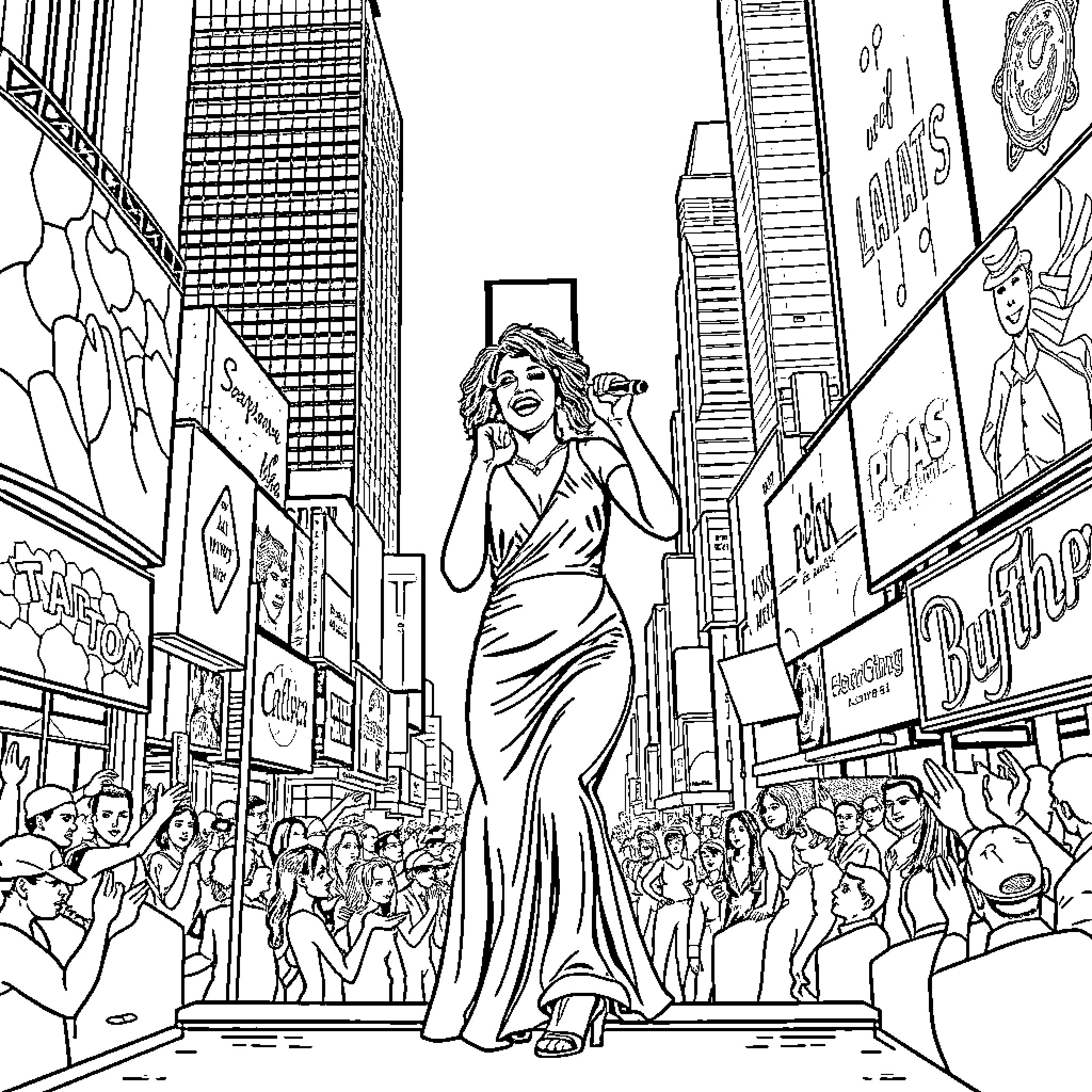 Whitney Houston performs on the city streets Coloring Page (free black-and-white line drawing printable PDF for all, from beginners to advanced learners, including children, teens, adults, and seniors)