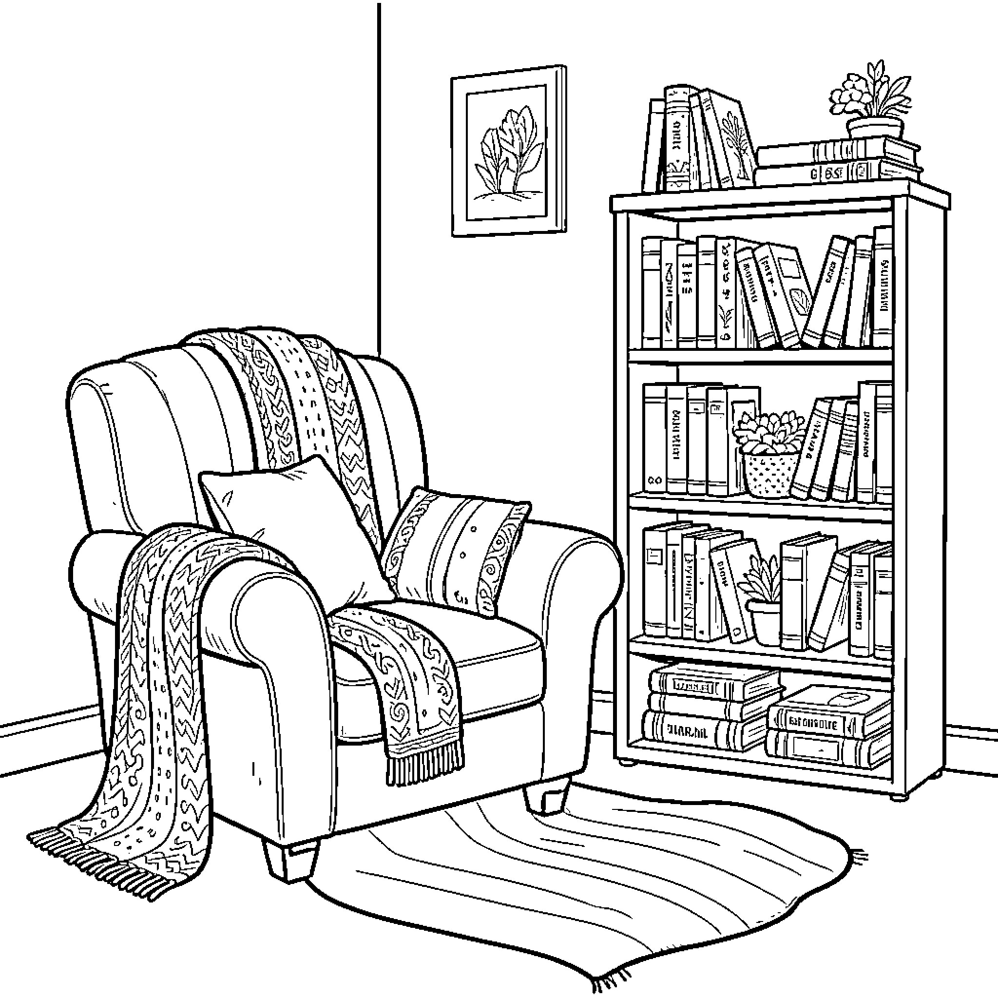 Reading Nook with Cozy Armchair and Bookshelf Coloring Page (free black-and-white line drawing printable PDF for all, from beginners to advanced learners, including children, teens, adults, and seniors)