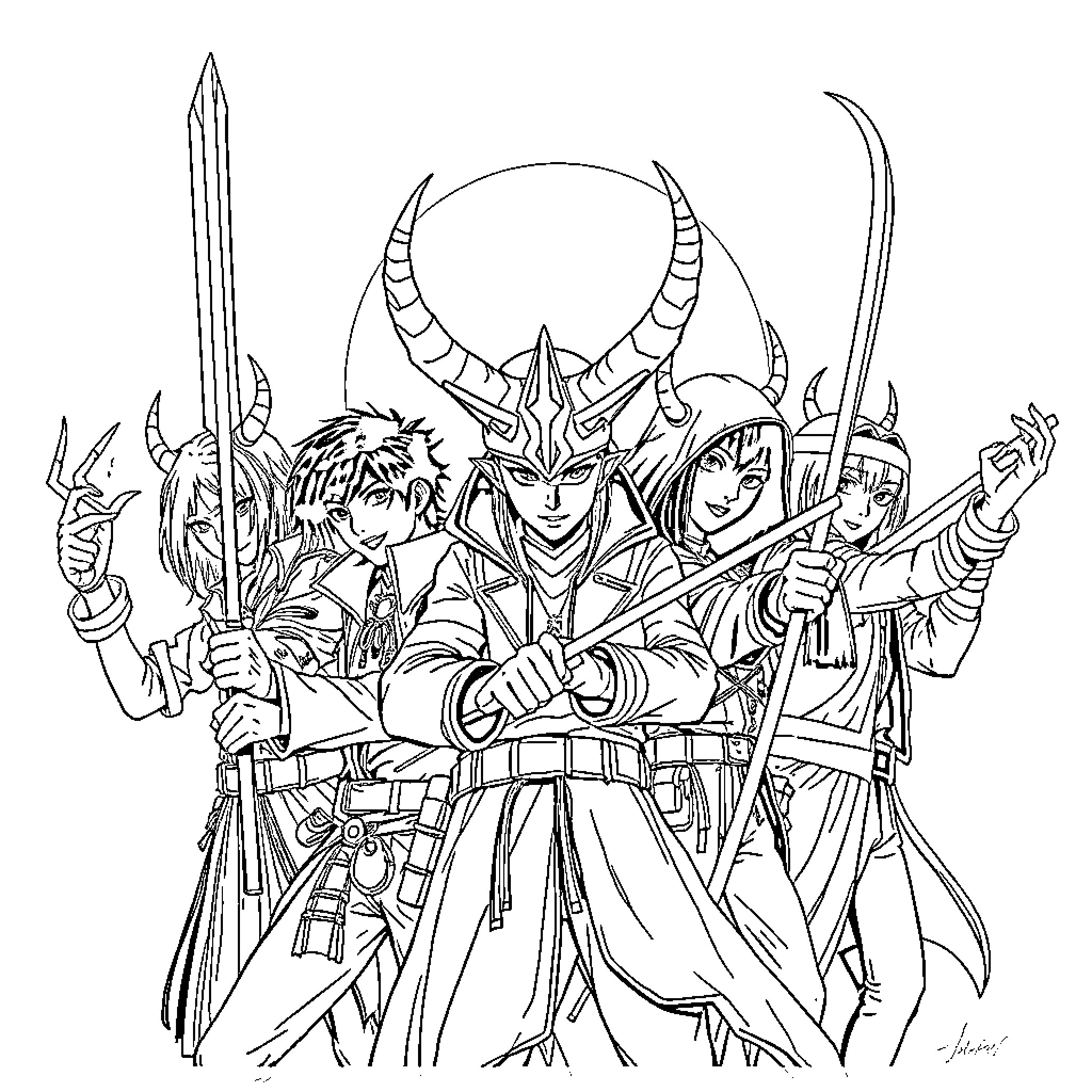 Demon Hunter and Fierce Warrior Companions in Battle Coloring Page (free black-and-white line drawing printable PDF for all, from beginners to advanced learners, including children, teens, adults, and seniors)