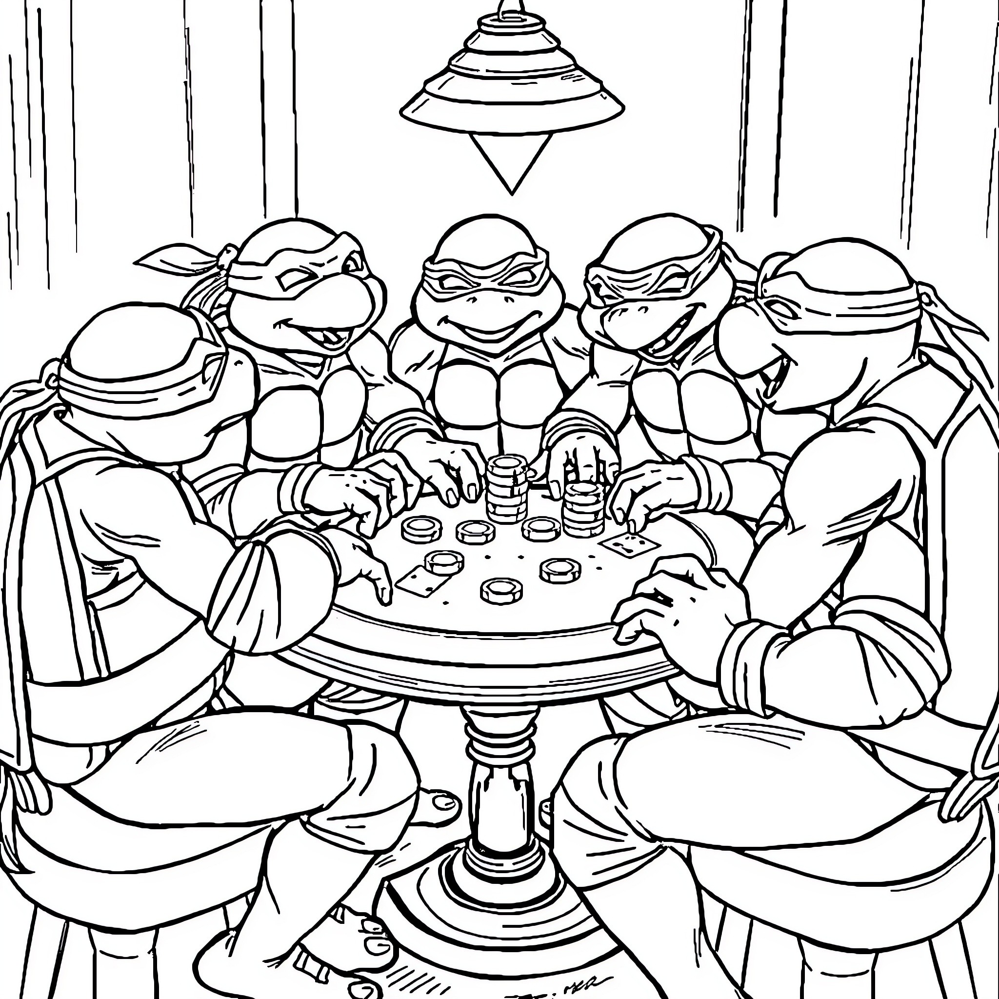 Teenage Mutant Ninja Turtles having a meal together Coloring Page (free black-and-white line drawing printable PDF for all, from beginners to advanced learners, including children, teens, adults, and seniors)