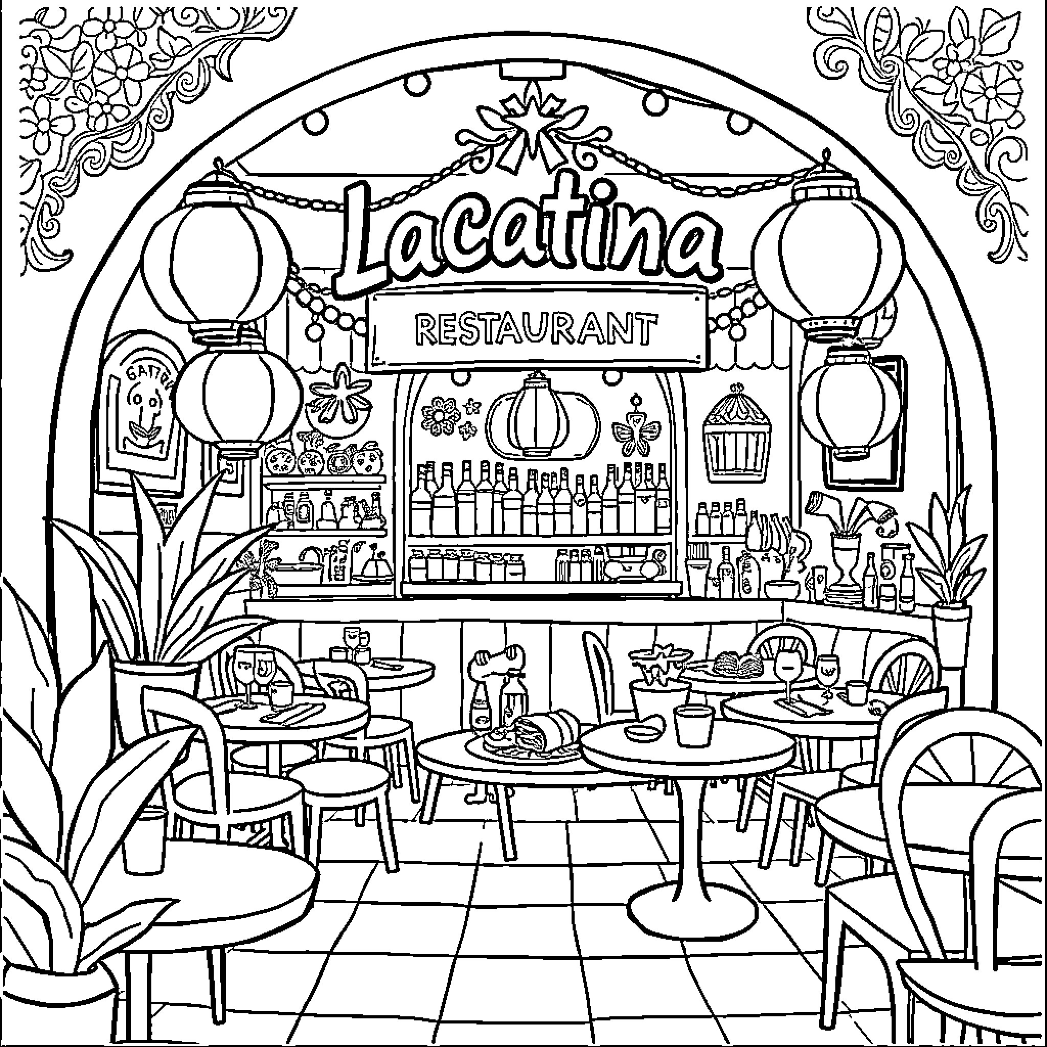 LaCatina Restaurant: A Vibrant Scene of Dishes and Decor Coloring Page (free black-and-white line drawing printable PDF for all, from beginners to advanced learners, including children, teens, adults, and seniors)